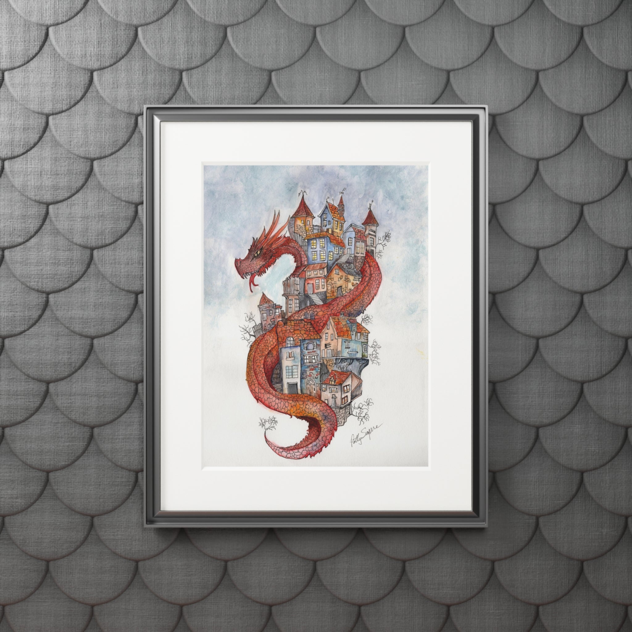 Dragon Over Town — Fine Art Print with Passepartout