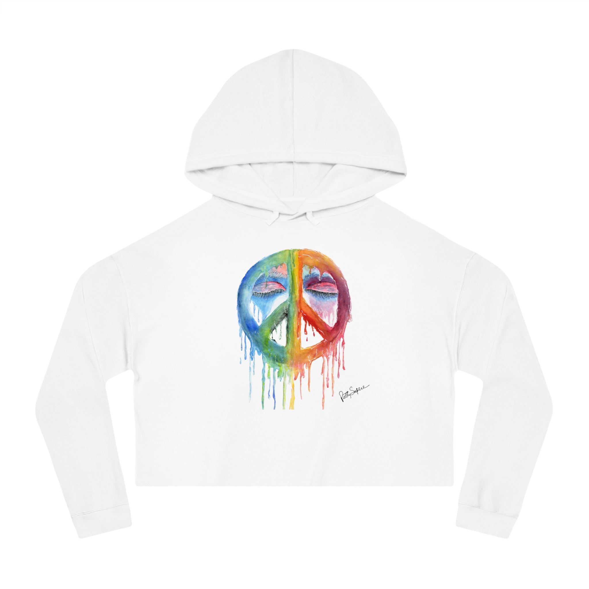 Peace Sign Watercolor Cropped Hoodie — Women's Rainbow Drip Graphic Sweatshirt