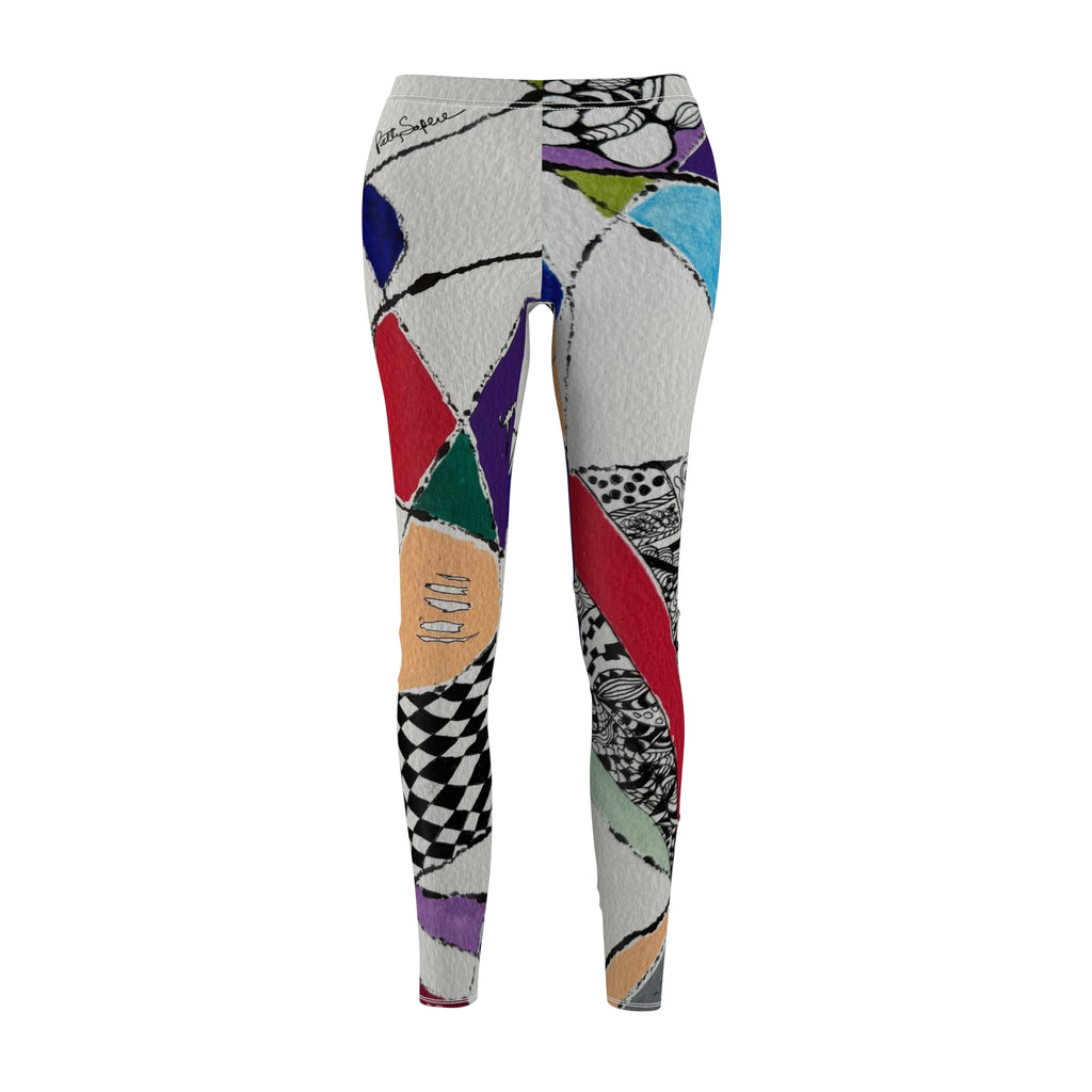 Women's leggings with abstract geometric zentangle art featuring colorful triangles, checkerboard patterns, and ink details on white background, signed Patty Sapere