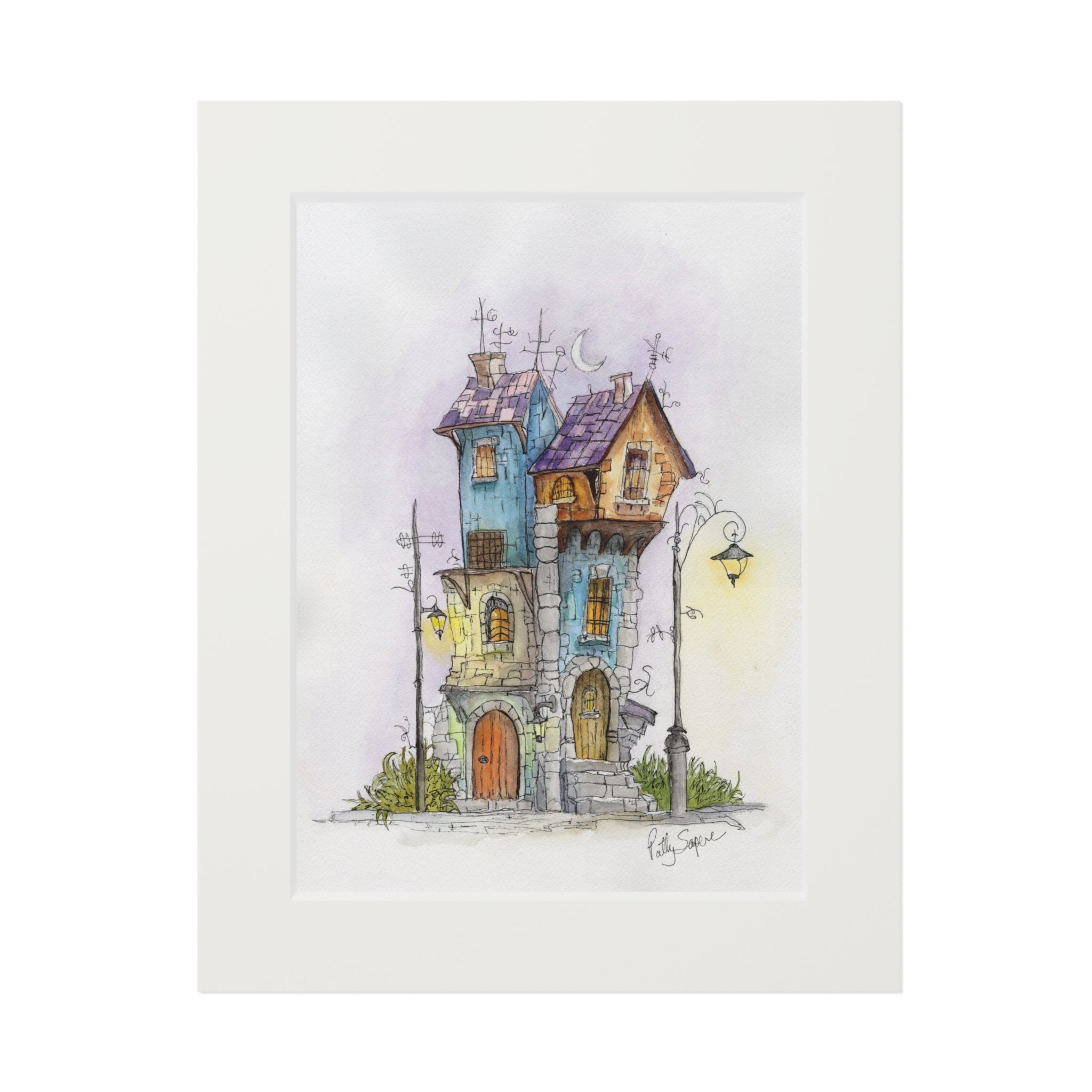 Tall stone houses in blue and brown under crescent moon with warm lamplight – original watercolor village scene by Patty Sapere