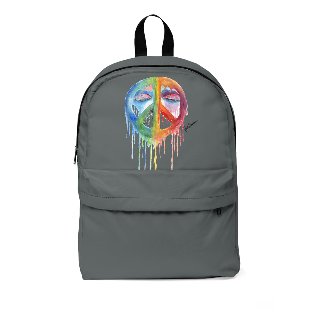 Watercolor Drip Peace Sign Backpack — Rainbow Hippie School Bag
