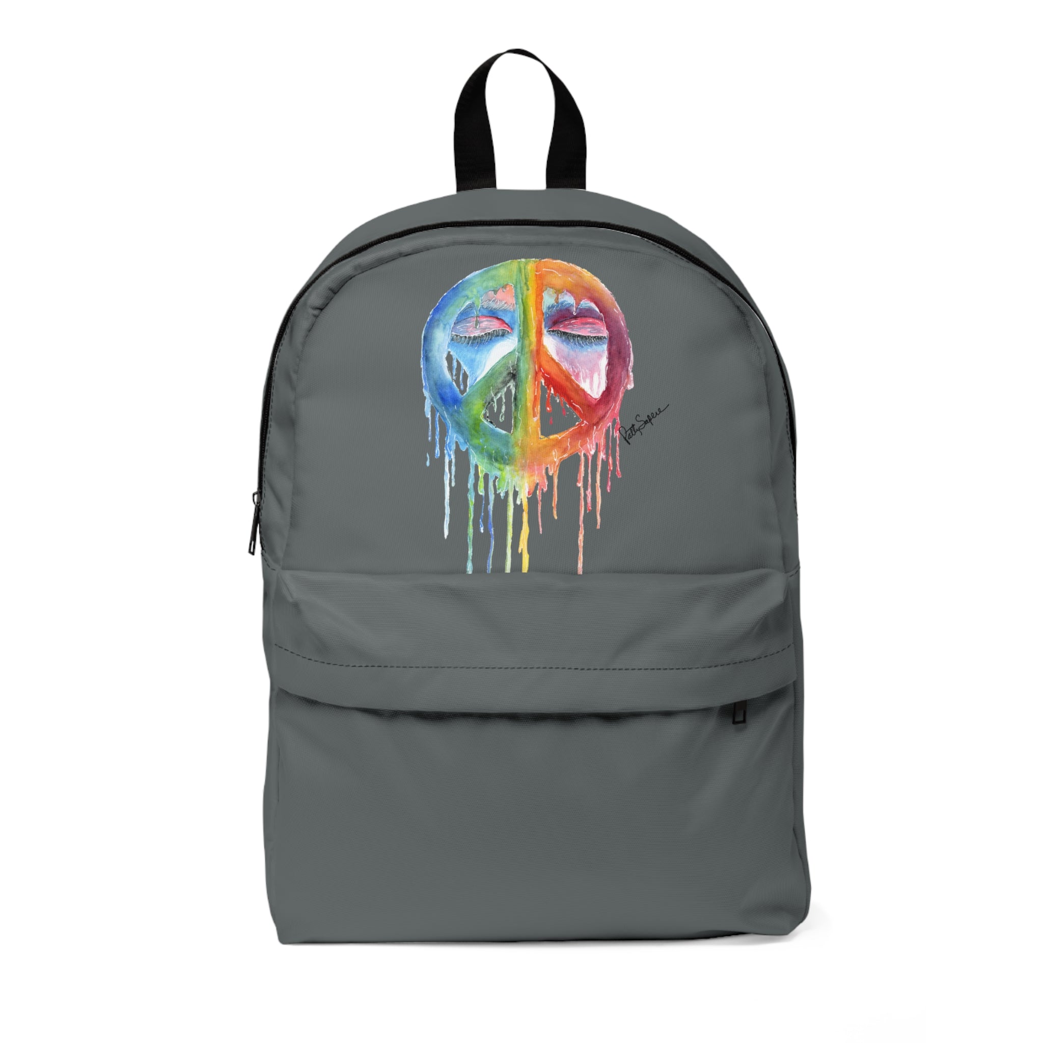 Watercolor Drip Peace Sign Backpack — Rainbow Hippie School Bag