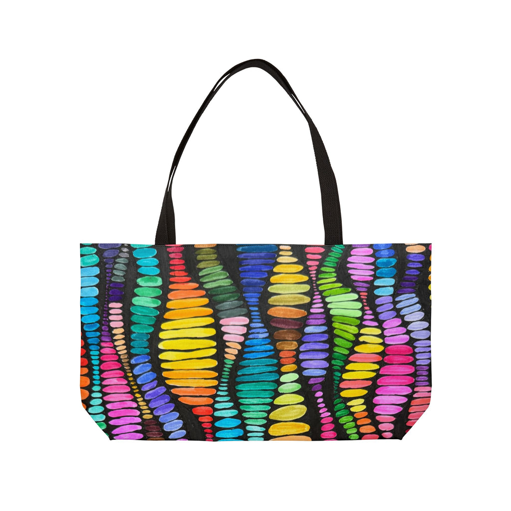 Weekender tote bag with vibrant wavy rainbow watercolor dash stripes on black background, all-over print, original art by Patty Sapere