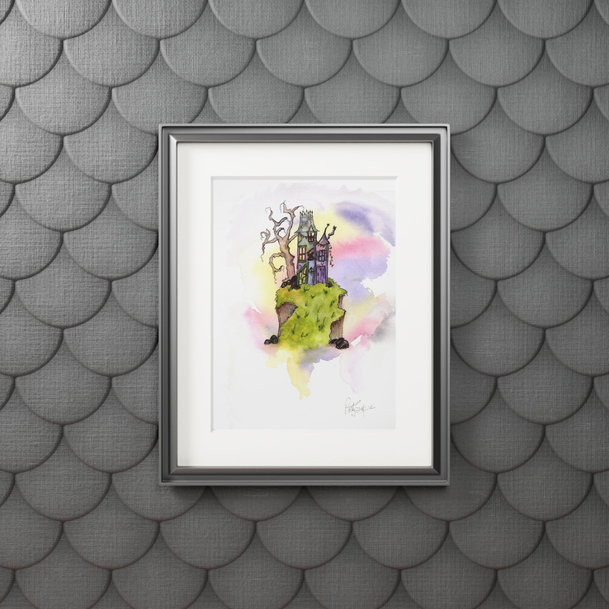 Hilltop Haunted Houses Watercolor Print – Whimsical Fantasy Landscape