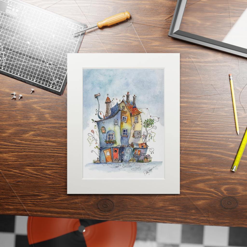 Blue & Yellow Village Watercolor Art Print – Cozy Storybook Houses