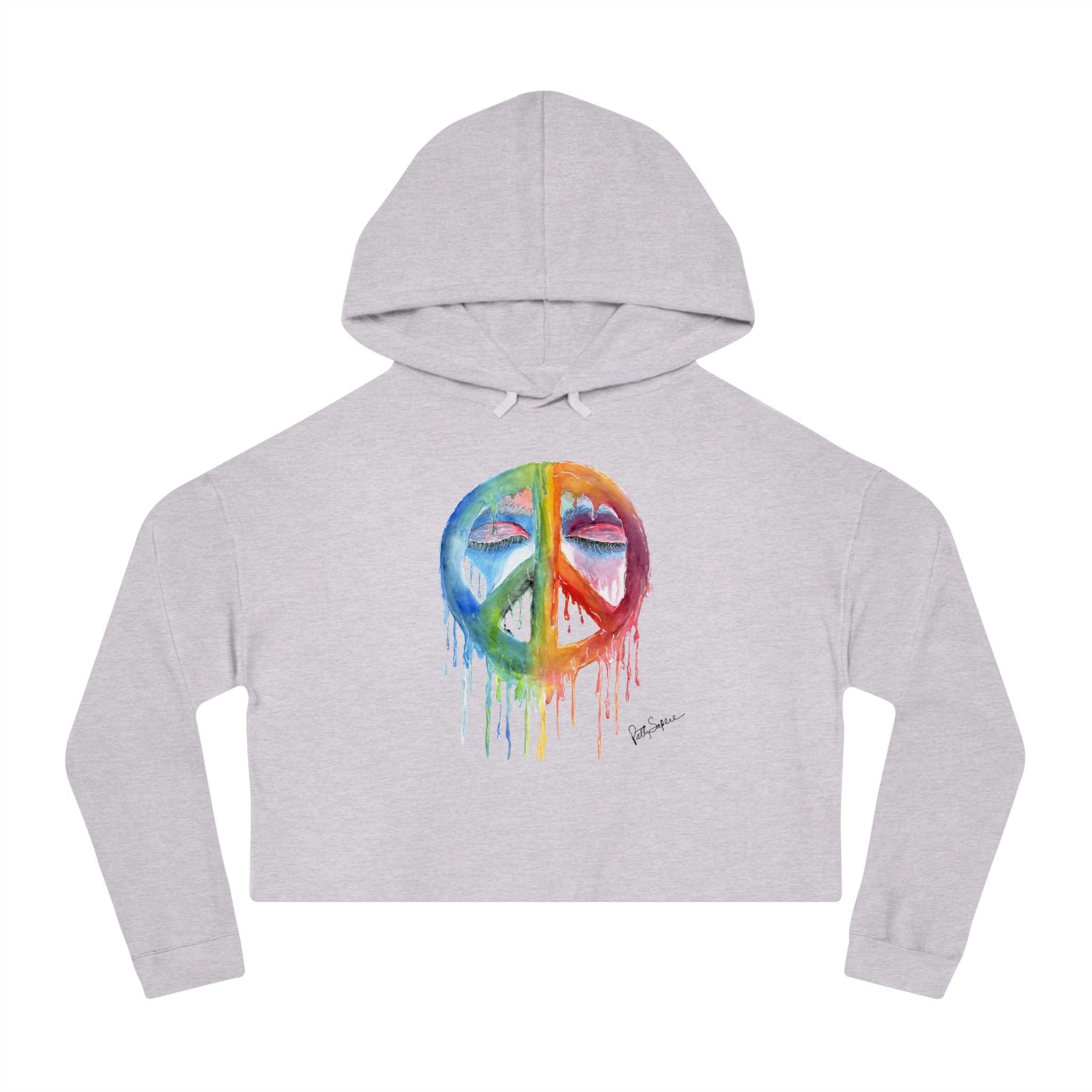 Peace Sign Watercolor Cropped Hoodie — Women's Rainbow Drip Graphic Sweatshirt