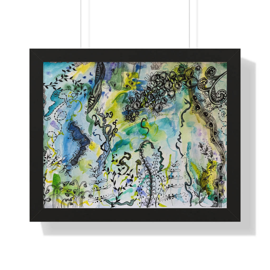 Abstract botanical art with black ink ferns spirals and vines over blue green watercolor washes in black frame – original art by Patty Sapere