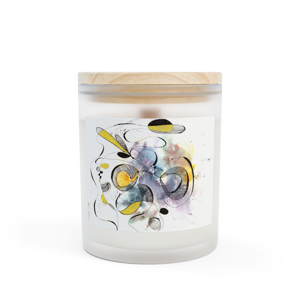 Frosted Glass Candle — Abstract Yellow & Gray Watercolor Design, 11oz Scented Candle