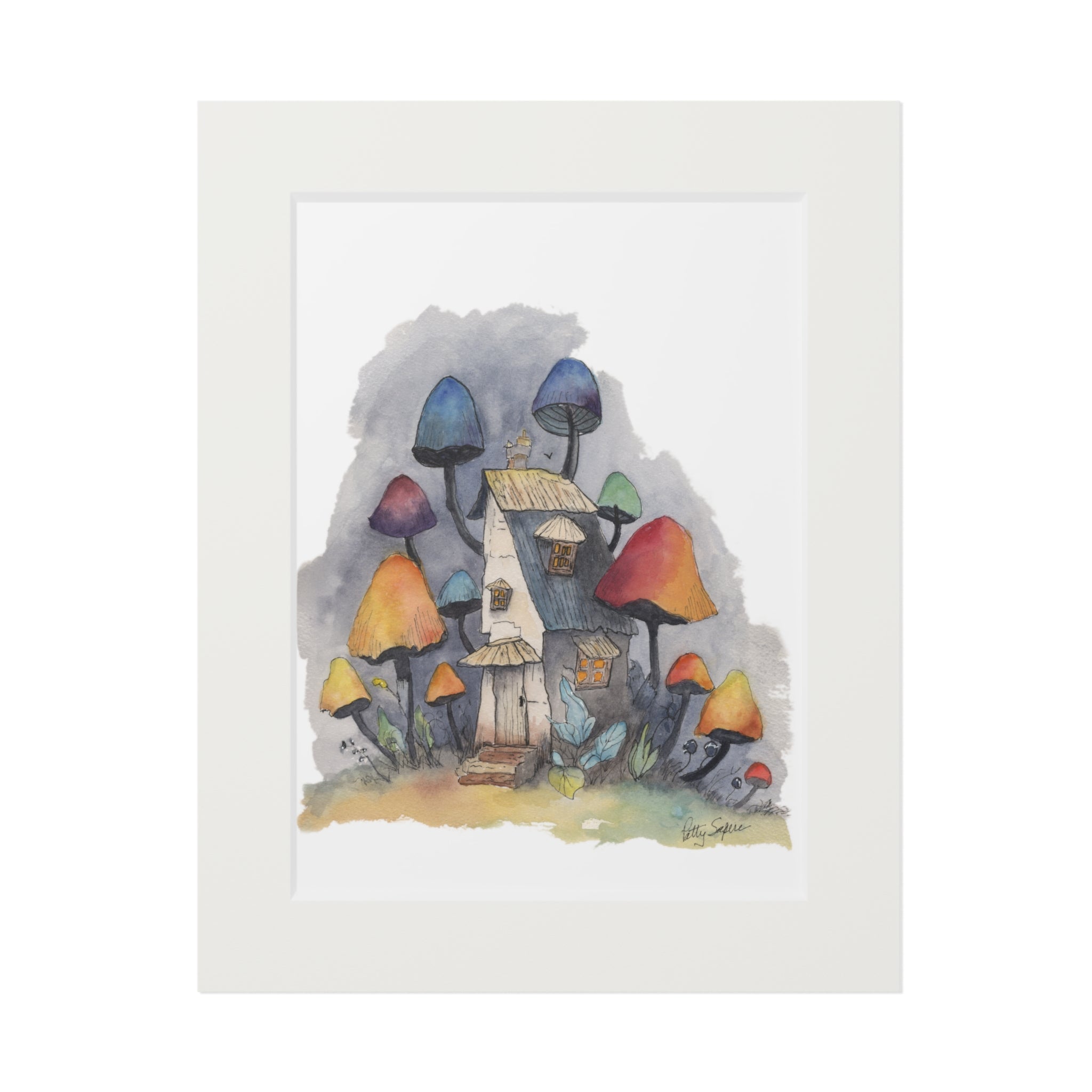 Whimsical cottage surrounded by giant colorful mushrooms in blue orange red and purple – original watercolor by Patty Sapere