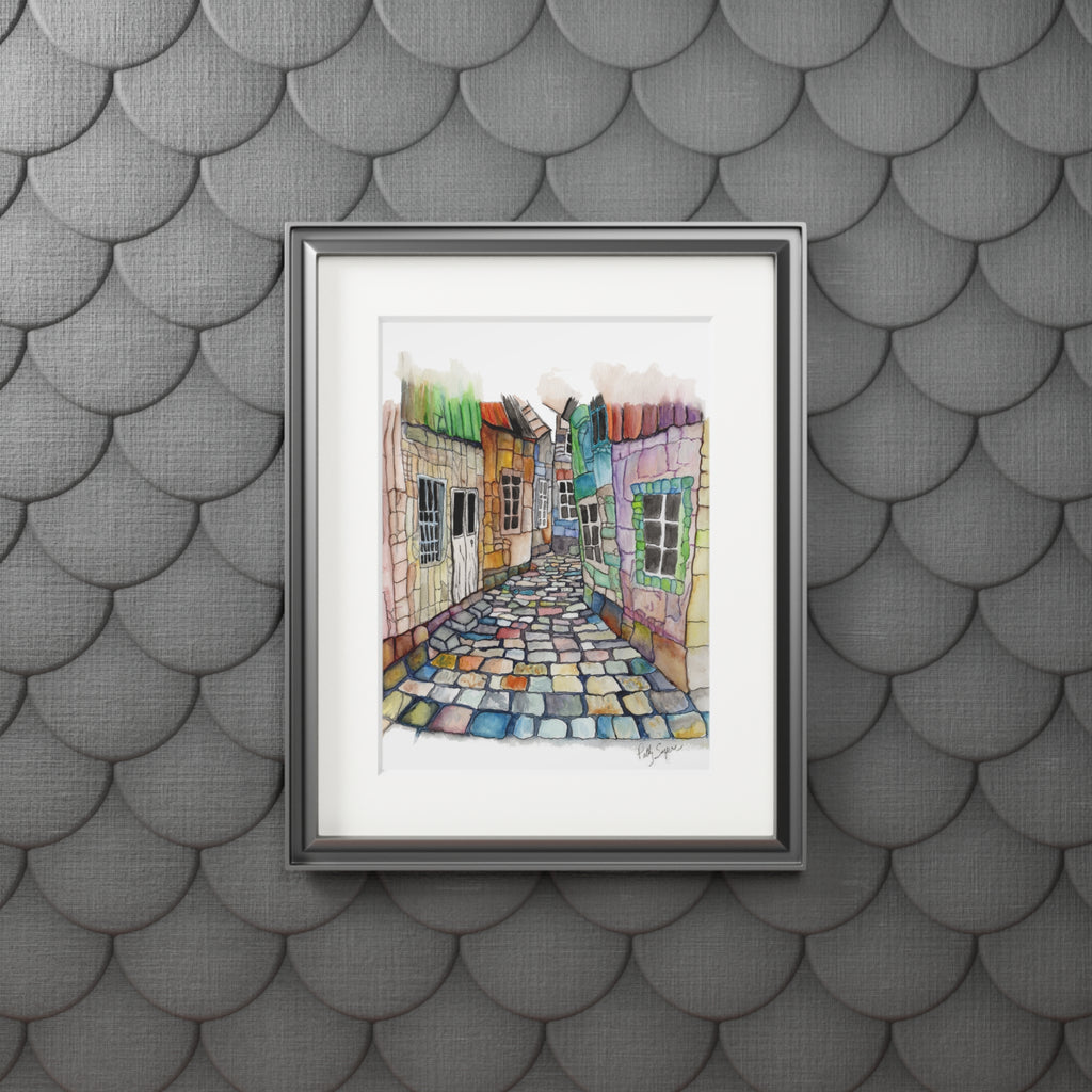 Cobblestone Alleyway Watercolor Art Print – Colorful European Street Scene