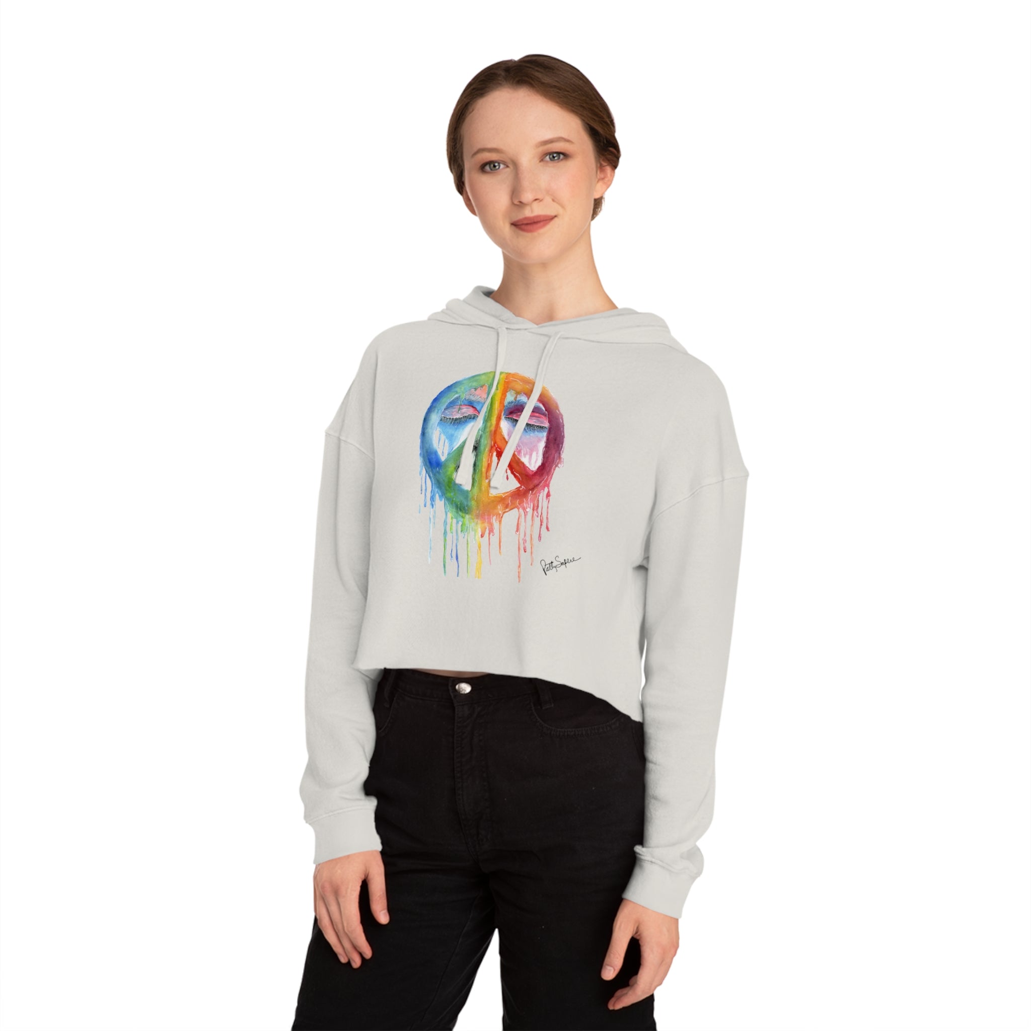 Peace Sign Watercolor Cropped Hoodie — Women's Rainbow Drip Graphic Sweatshirt