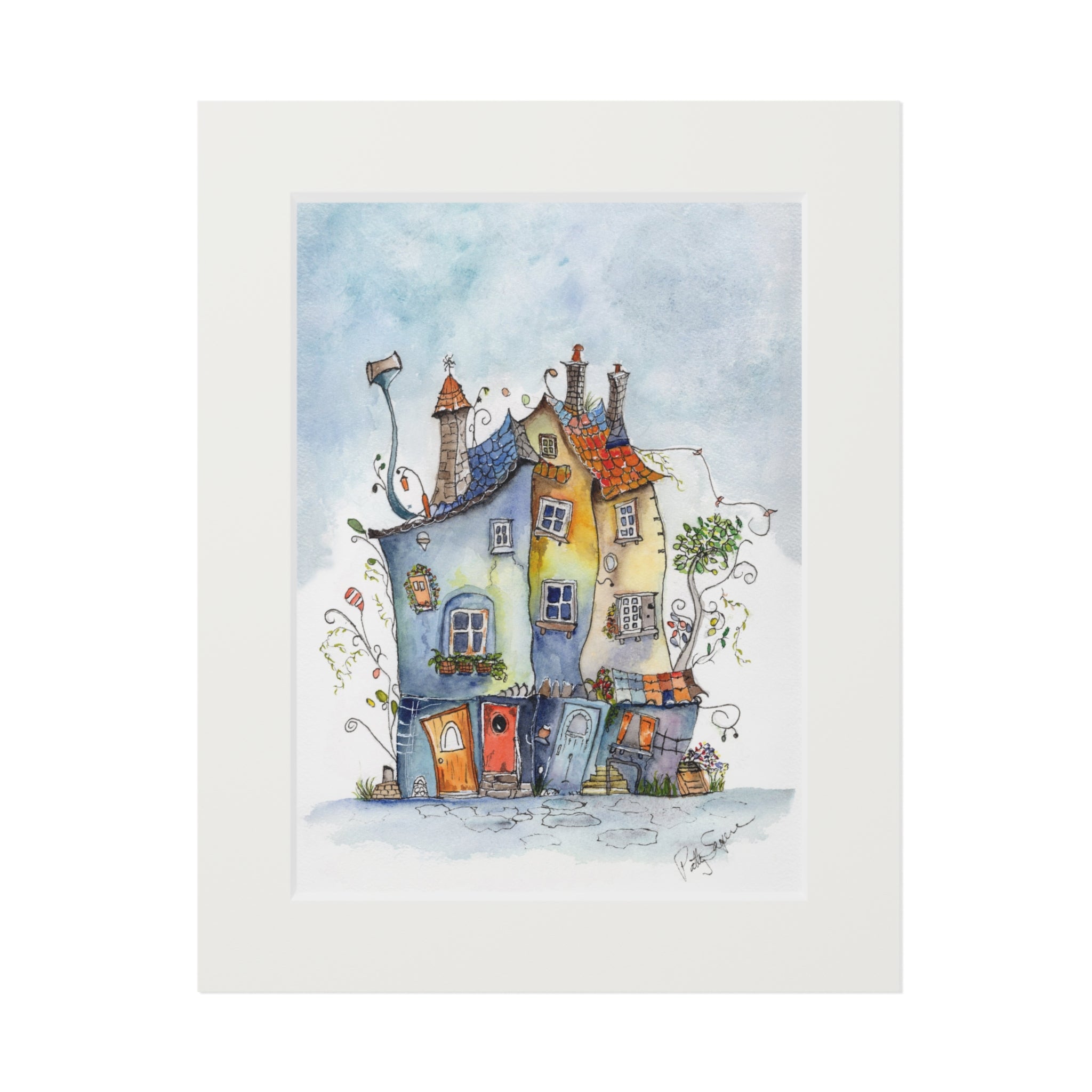 Blue and yellow whimsical village houses with colorful tiled roofs and climbing vines – original watercolor by Patty Sapere