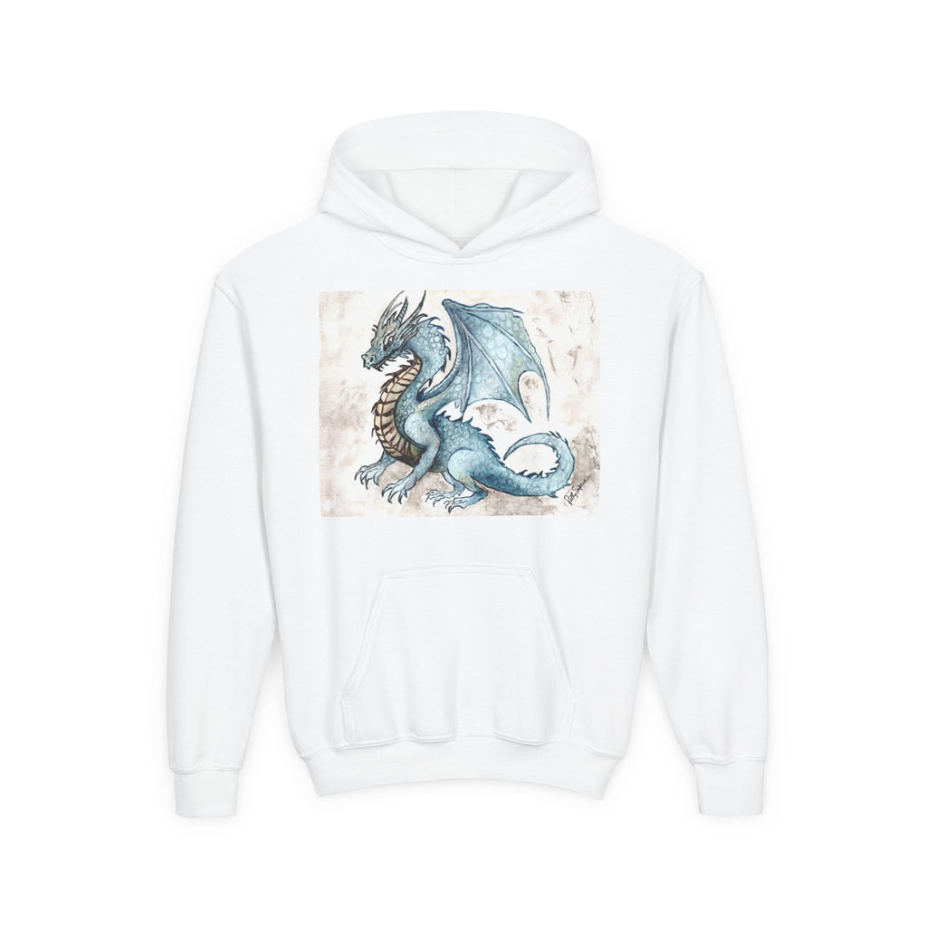White youth hoodie with a watercolor blue dragon with spread wings and brown underbelly on a parchment background printed on the front by Patty Sapere