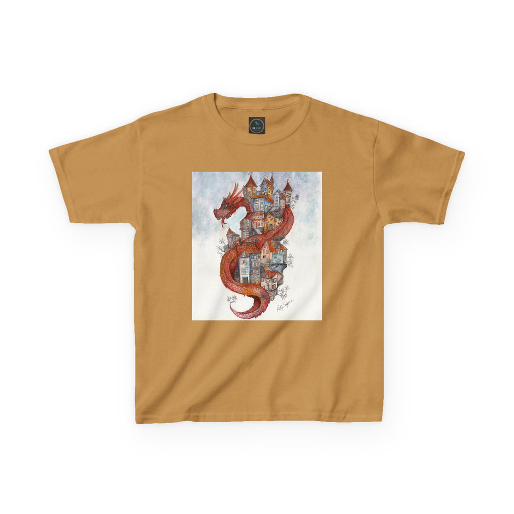 Dragon Over Town Kids T-Shirt – Fantasy Village Tee (White)