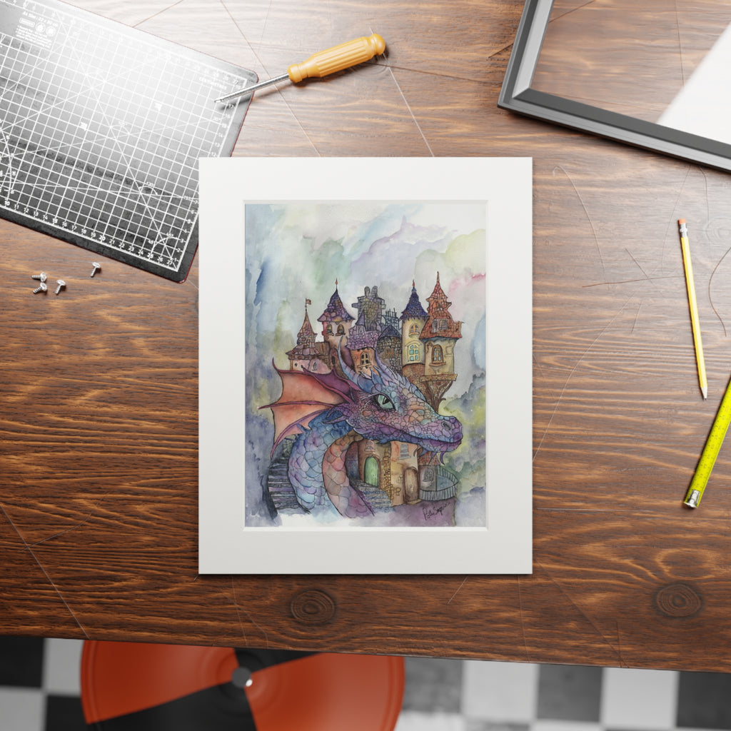 Dragon Castle Watercolor Fine Art Print with Passepartout