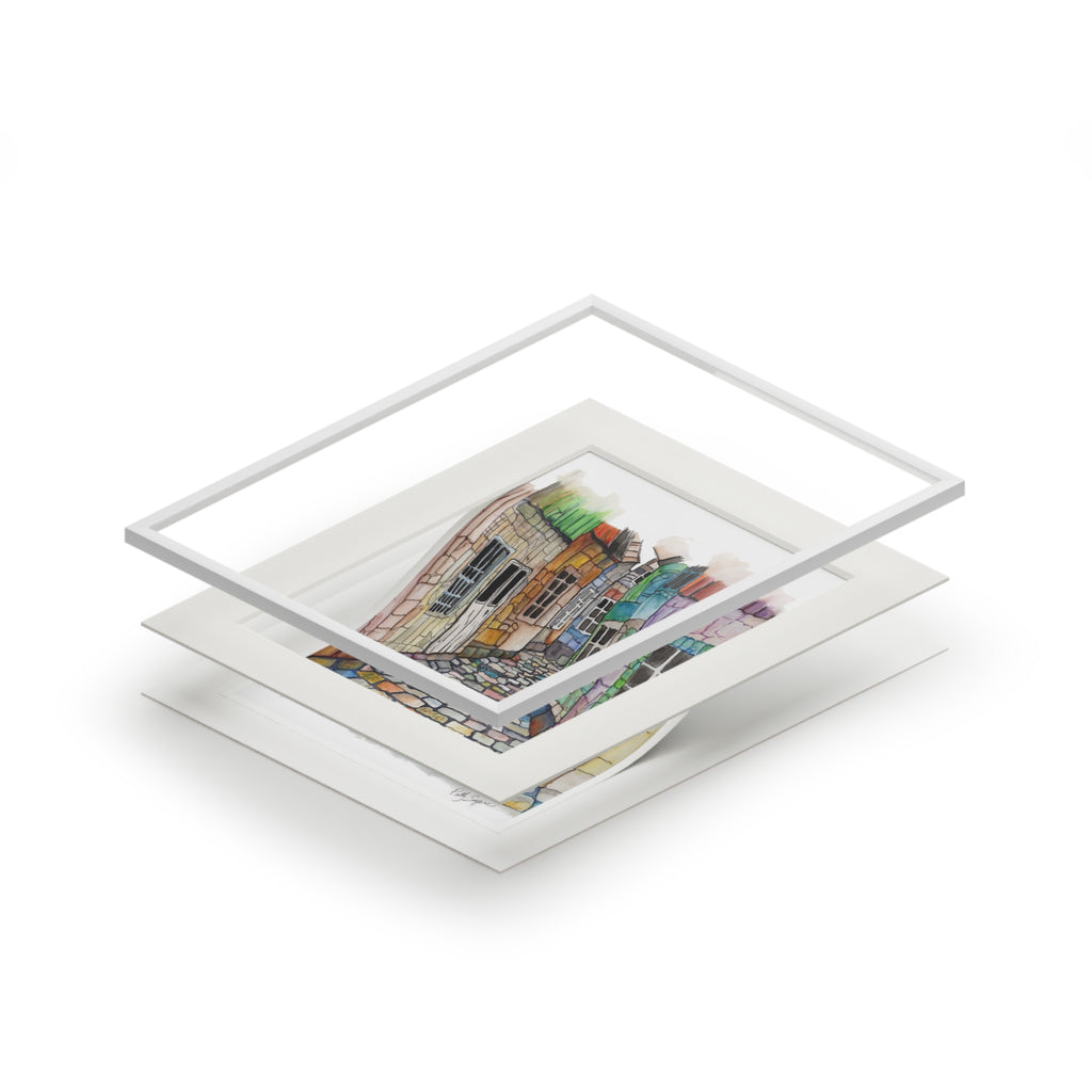 Cobblestone Alleyway Watercolor Art Print – Colorful European Street Scene