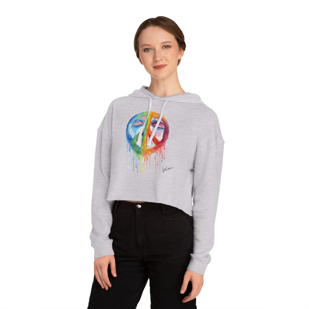 Peace Sign Watercolor Cropped Hoodie — Women's Rainbow Drip Graphic Sweatshirt