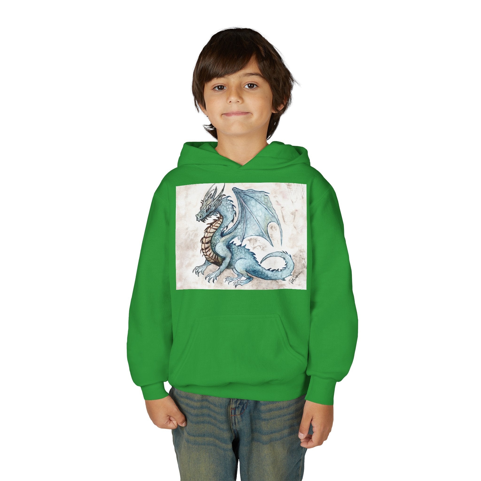 Blue Dragon Youth Hoodie – Watercolor Fantasy Art for Kids