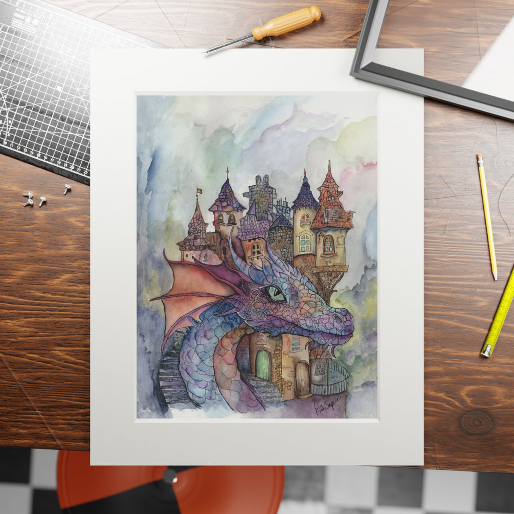 Dragon Castle Watercolor Fine Art Print with Passepartout