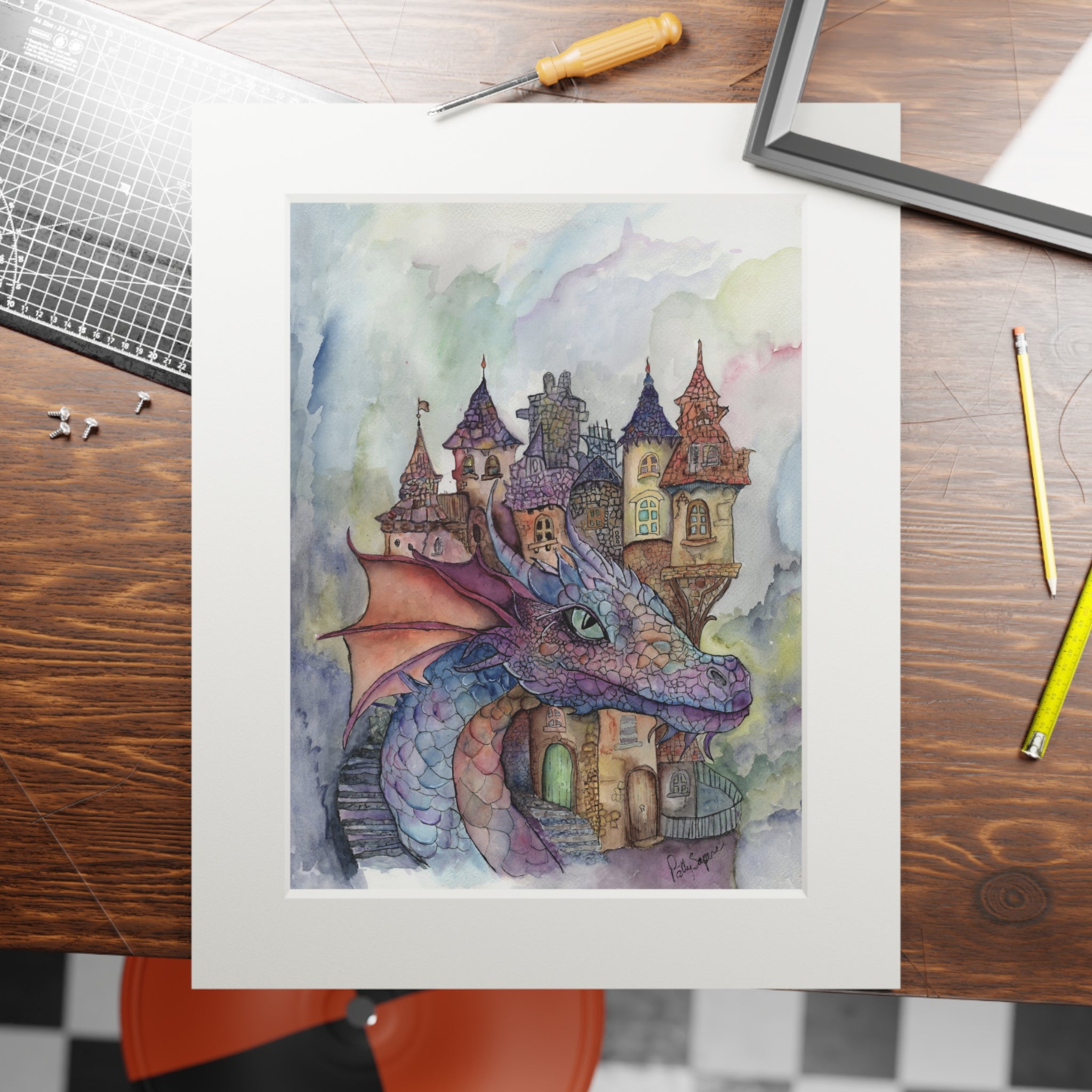 Dragon Castle Watercolor Fine Art Print with Passepartout