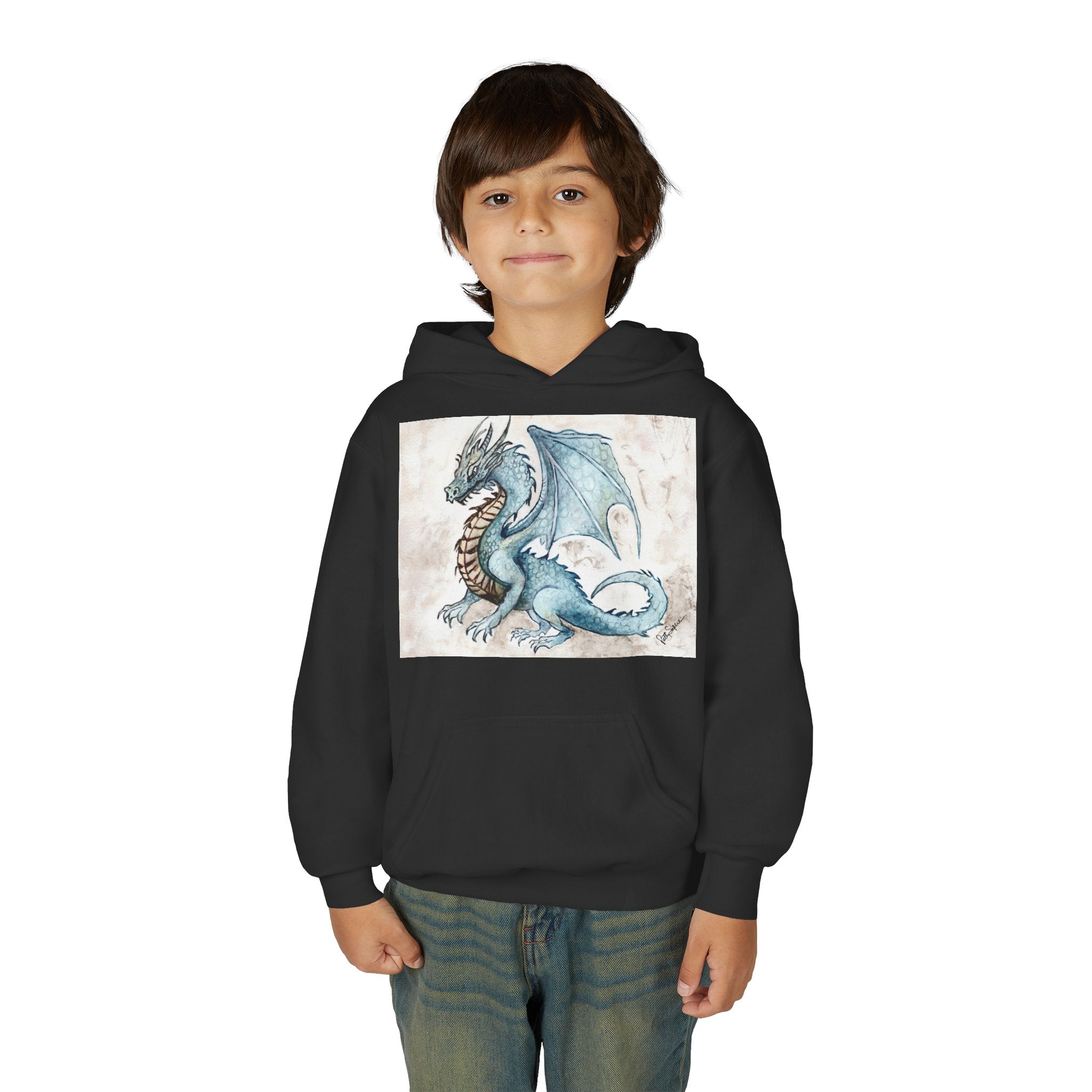 Blue Dragon Youth Hoodie – Watercolor Fantasy Art for Kids
