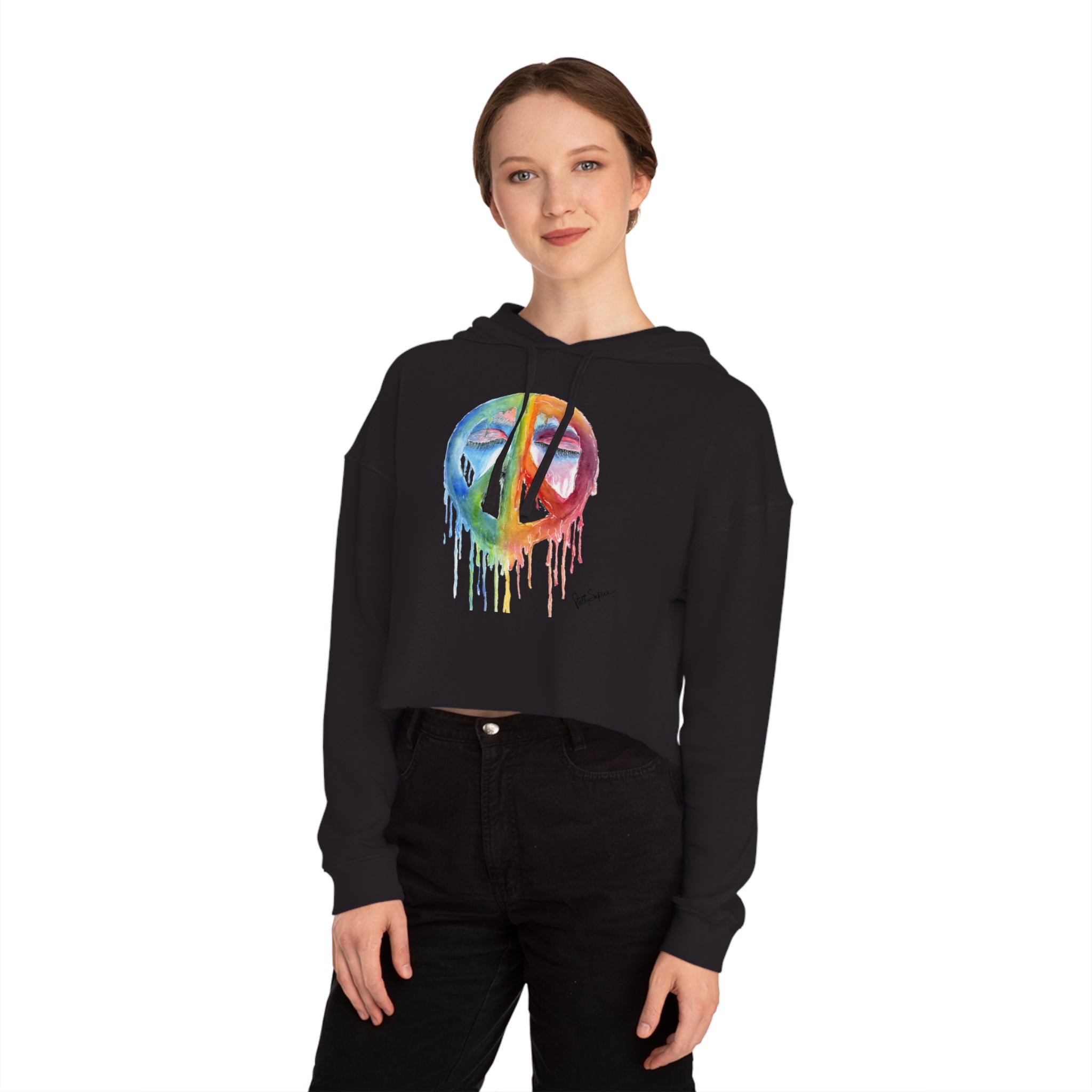 Peace Sign Watercolor Cropped Hoodie — Women's Rainbow Drip Graphic Sweatshirt