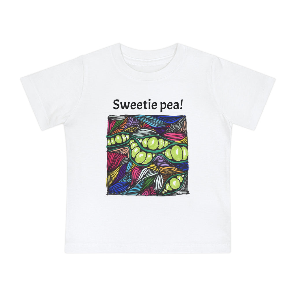 White baby t-shirt with 'Sweetie pea!' text and colorful watercolor pea pod painting with flowing leaves in pink, blue, green, and orange