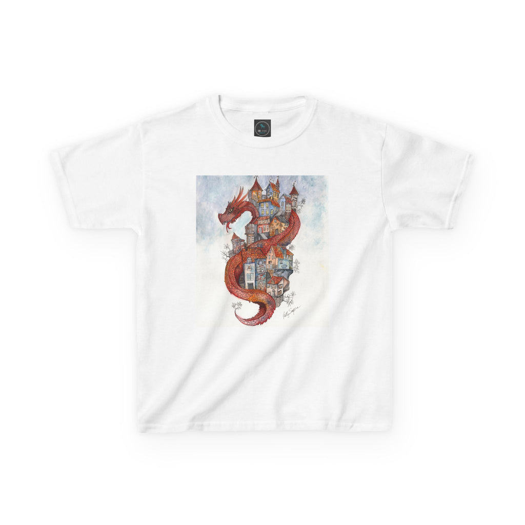 White kids' t-shirt with a watercolor red dragon coiled through a whimsical medieval village with colorful buildings and turrets by Patty Sapere