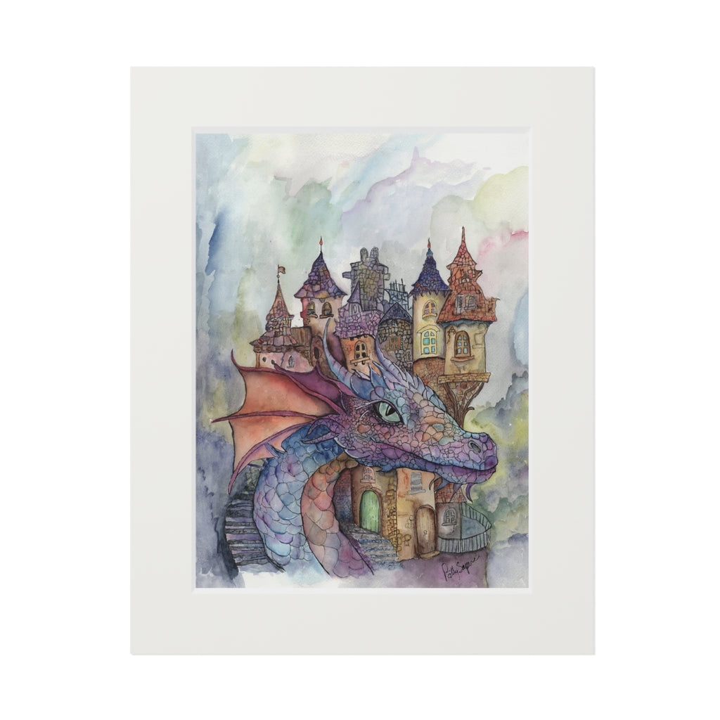 Matted fine art print of a whimsical watercolor purple-blue dragon with a fairy-tale castle of turrets and towers growing from its back against a pastel sky by Patty Sapere