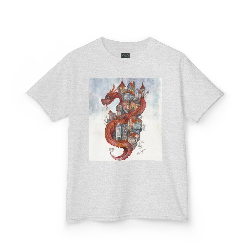 Dragon Over Town Kids T-Shirt – Fantasy Village Tee (White)