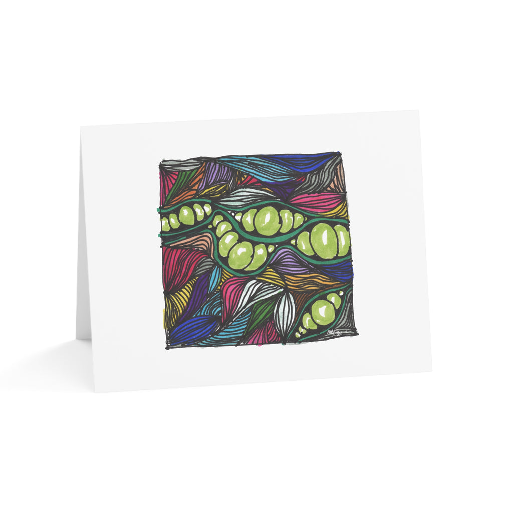 Folded greeting card with colorful watercolor pea pods and flowing leaf shapes in pink, blue, green, and orange with black ink detail, by Patty Sapere