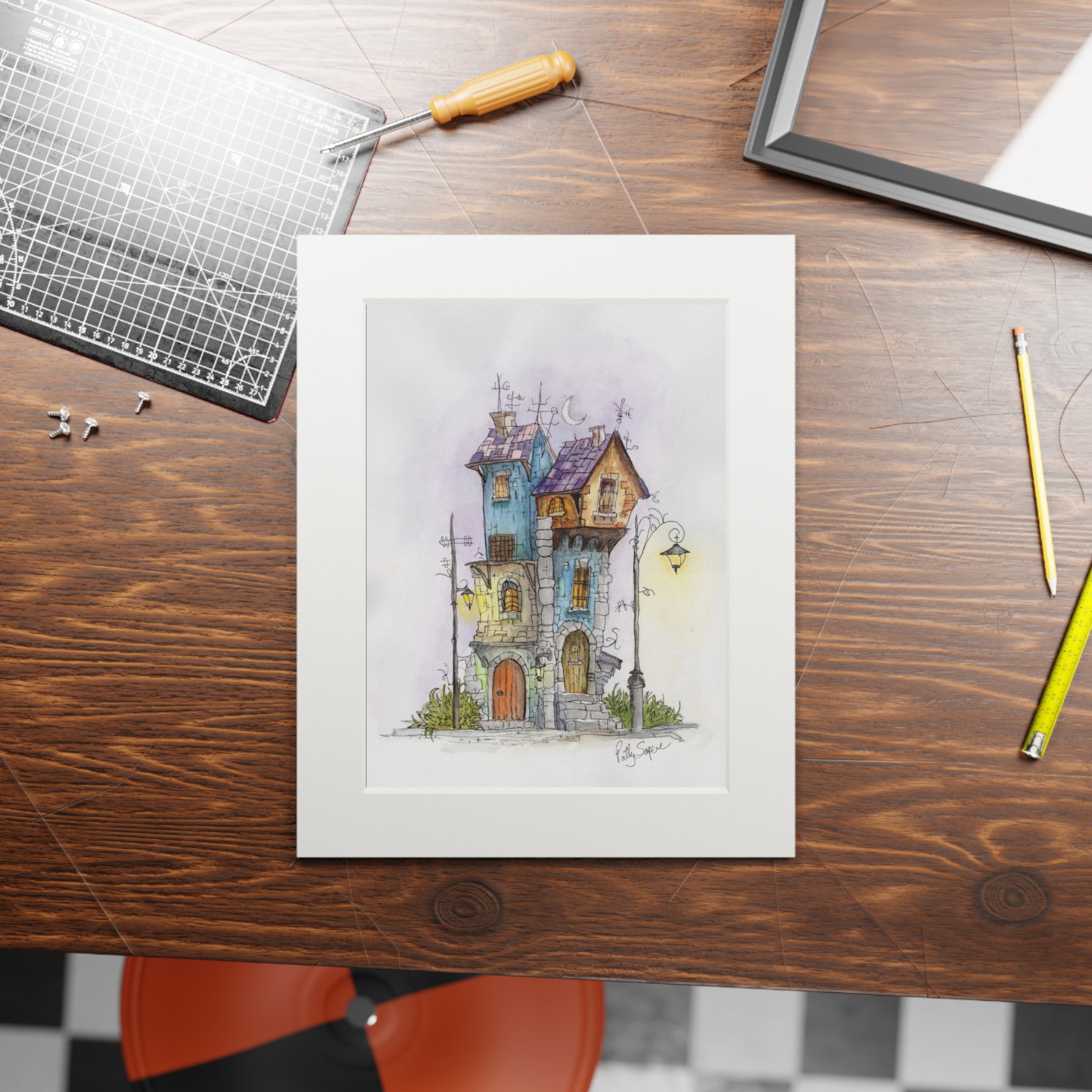 Moonlit Stone Houses Watercolor Art Print – Evening Village Scene