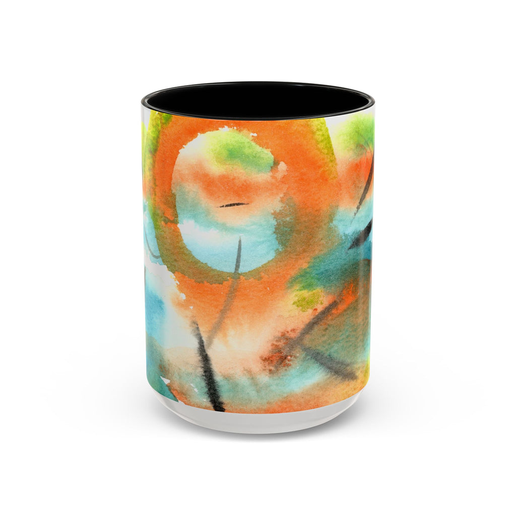 Ceramic accent coffee mug with bold watercolor swirls in vivid orange teal and lime green