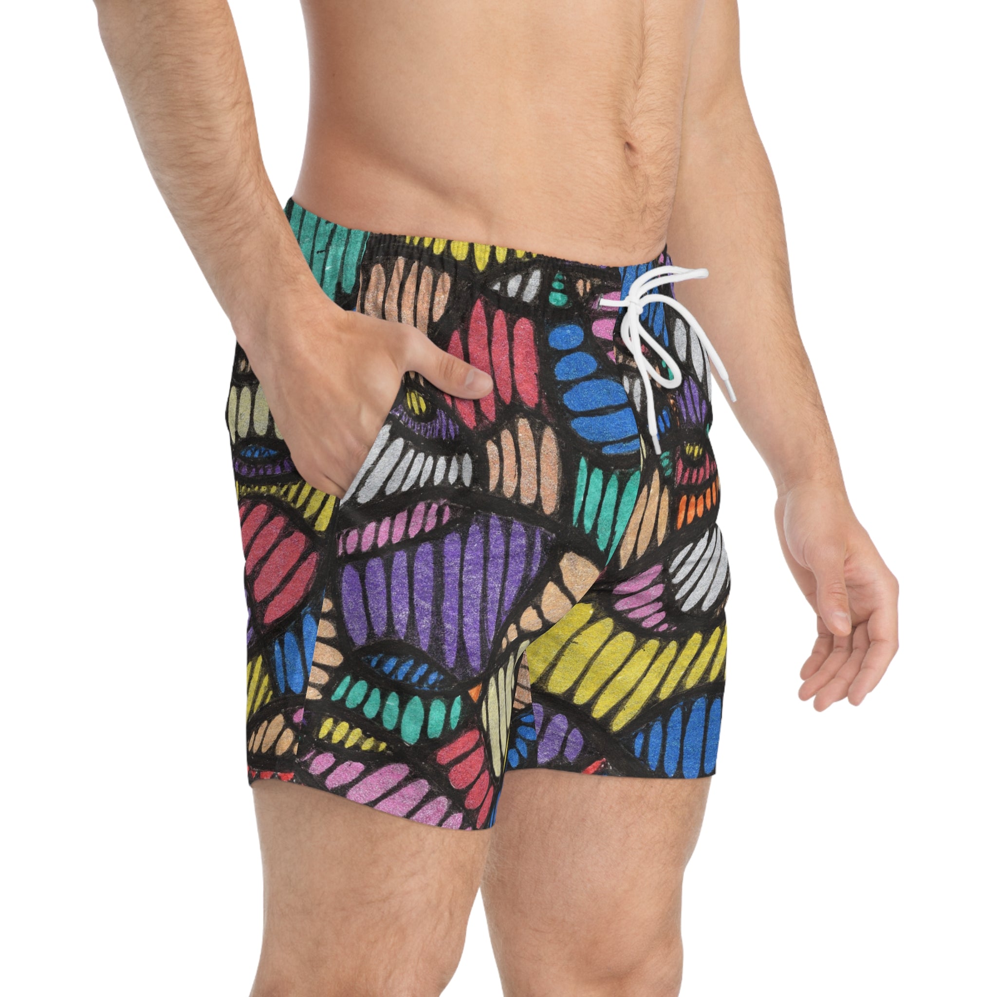 Colorful Pattern Swim Trunks, AOP Beach Shorts, Summer Swimwear, Pool Party Swim Shorts, Vibrant Boys Swimwear