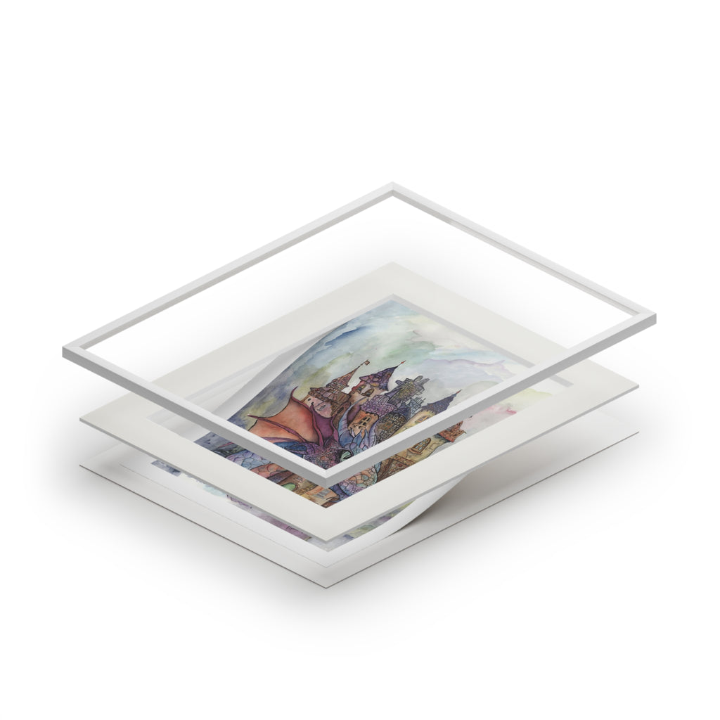 Dragon Castle Watercolor Fine Art Print with Passepartout