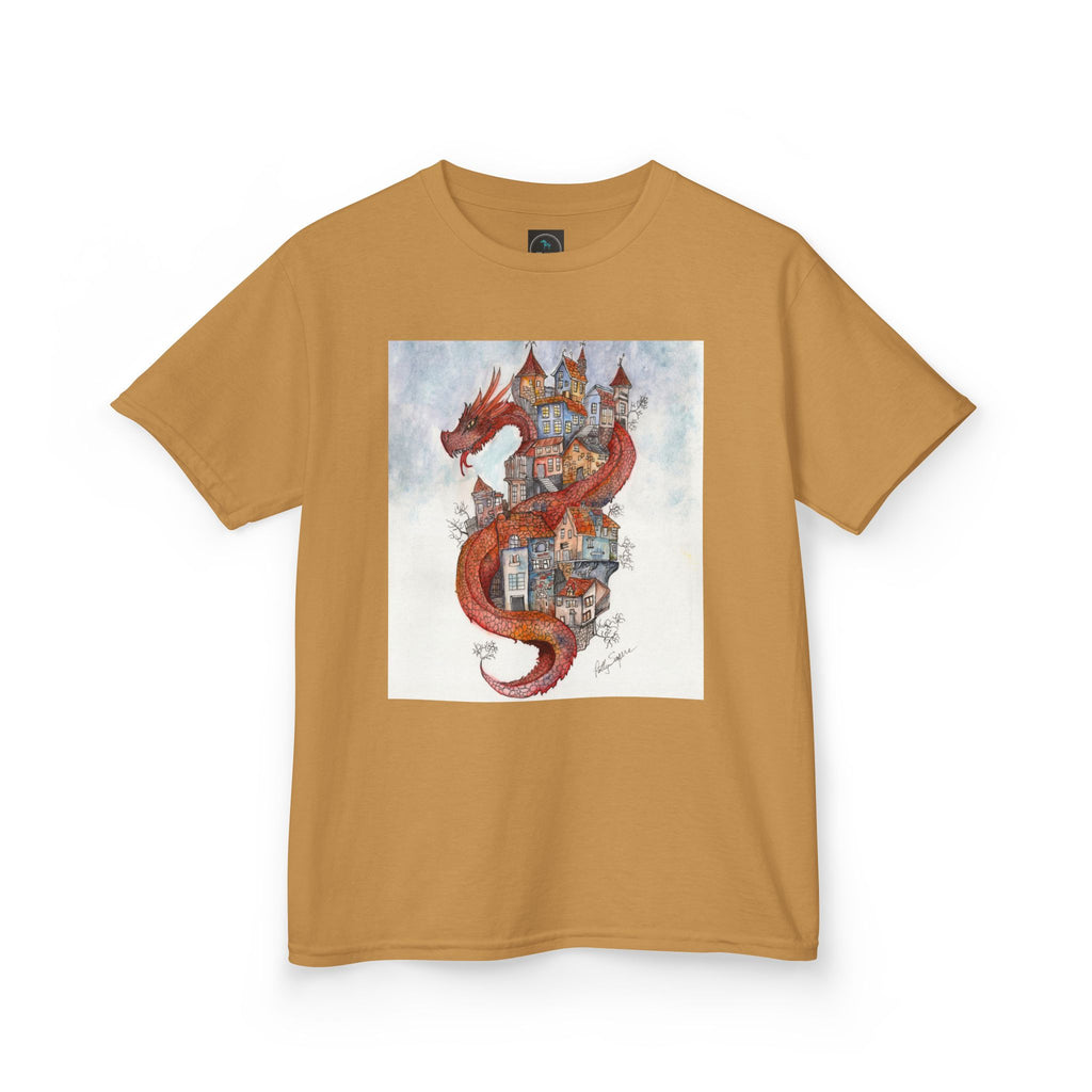 Dragon Over Town Kids T-Shirt – Fantasy Village Tee (White)