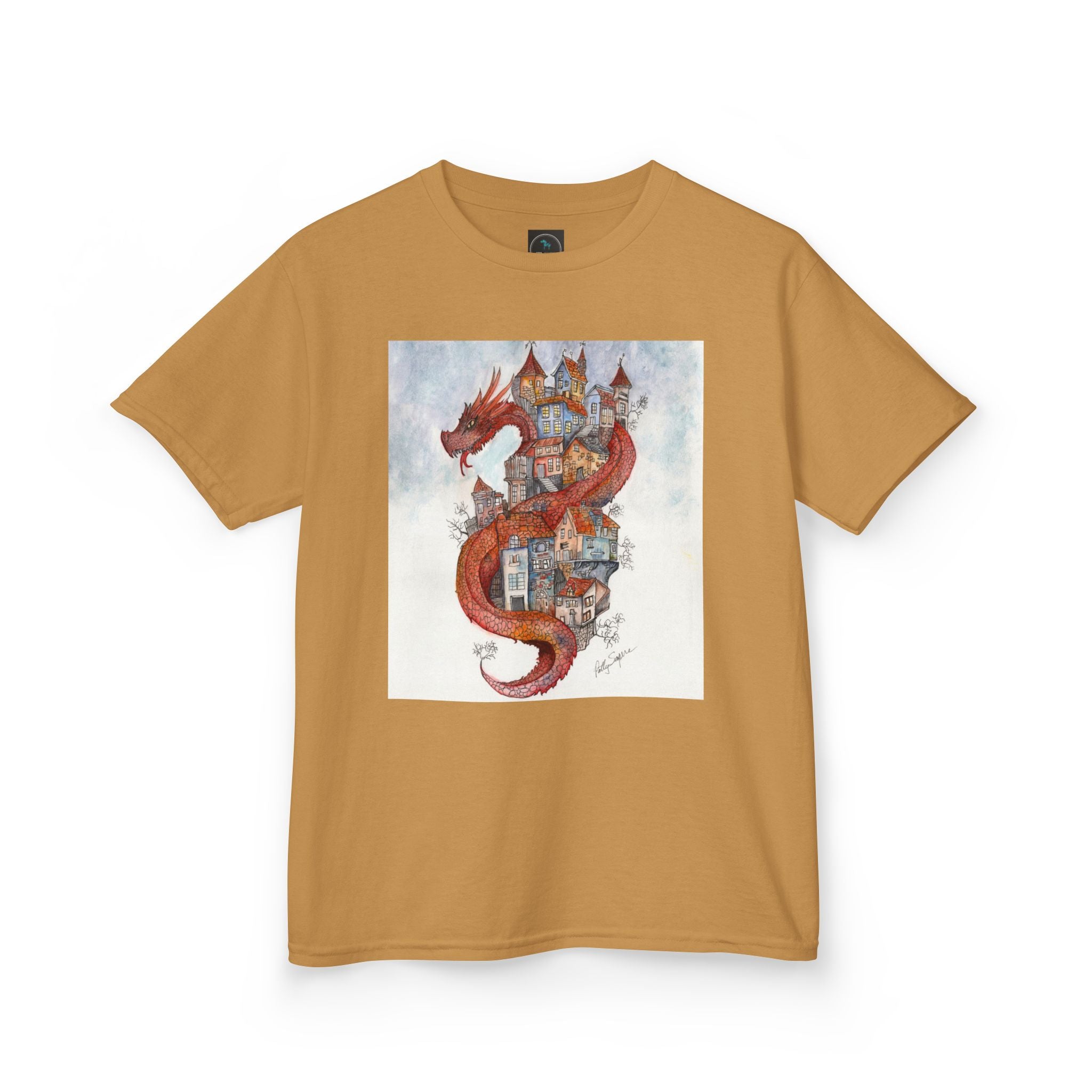 Dragon Over Town Kids T-Shirt – Fantasy Village Tee (White)