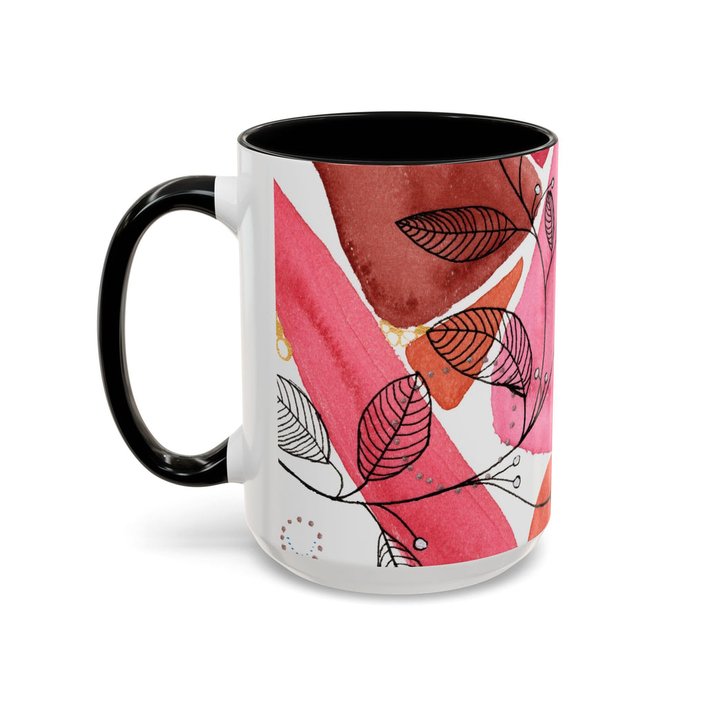 Pink Botanical Art Mug – Watercolor Leaf Accent Coffee Mug (15oz)