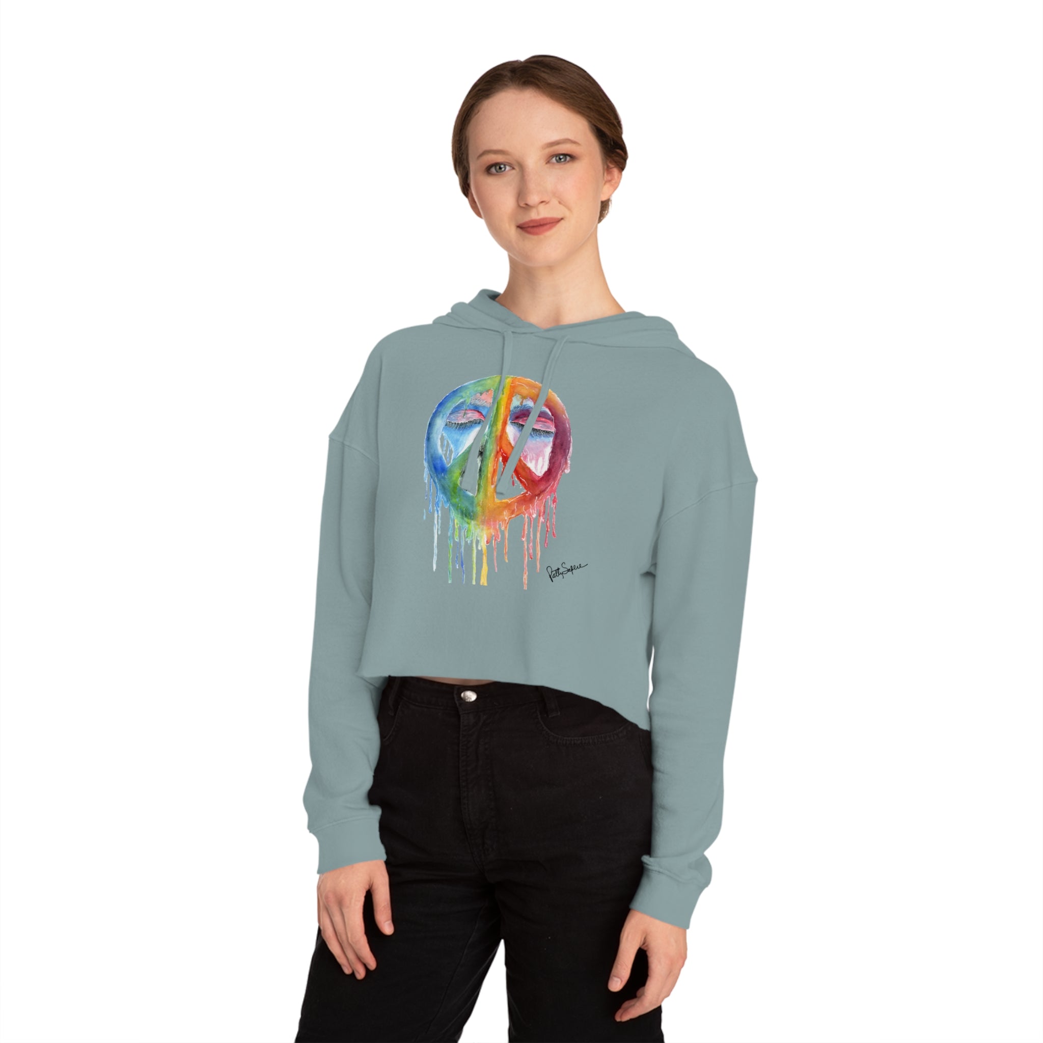 Peace Sign Watercolor Cropped Hoodie — Women's Rainbow Drip Graphic Sweatshirt