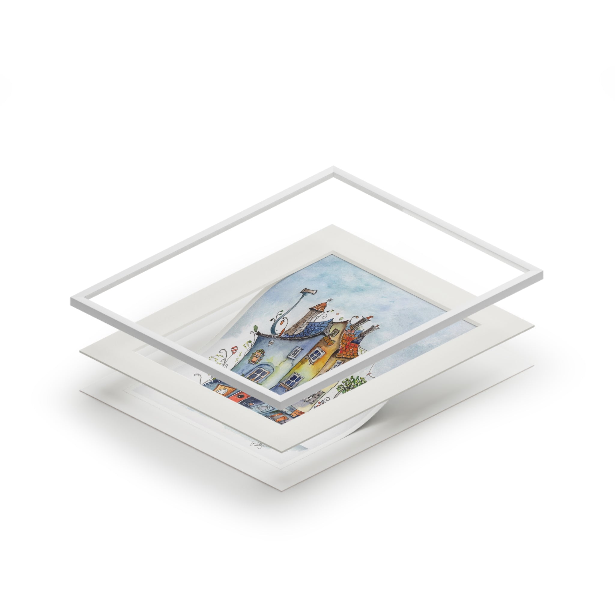 Blue & Yellow Village Watercolor Art Print – Cozy Storybook Houses