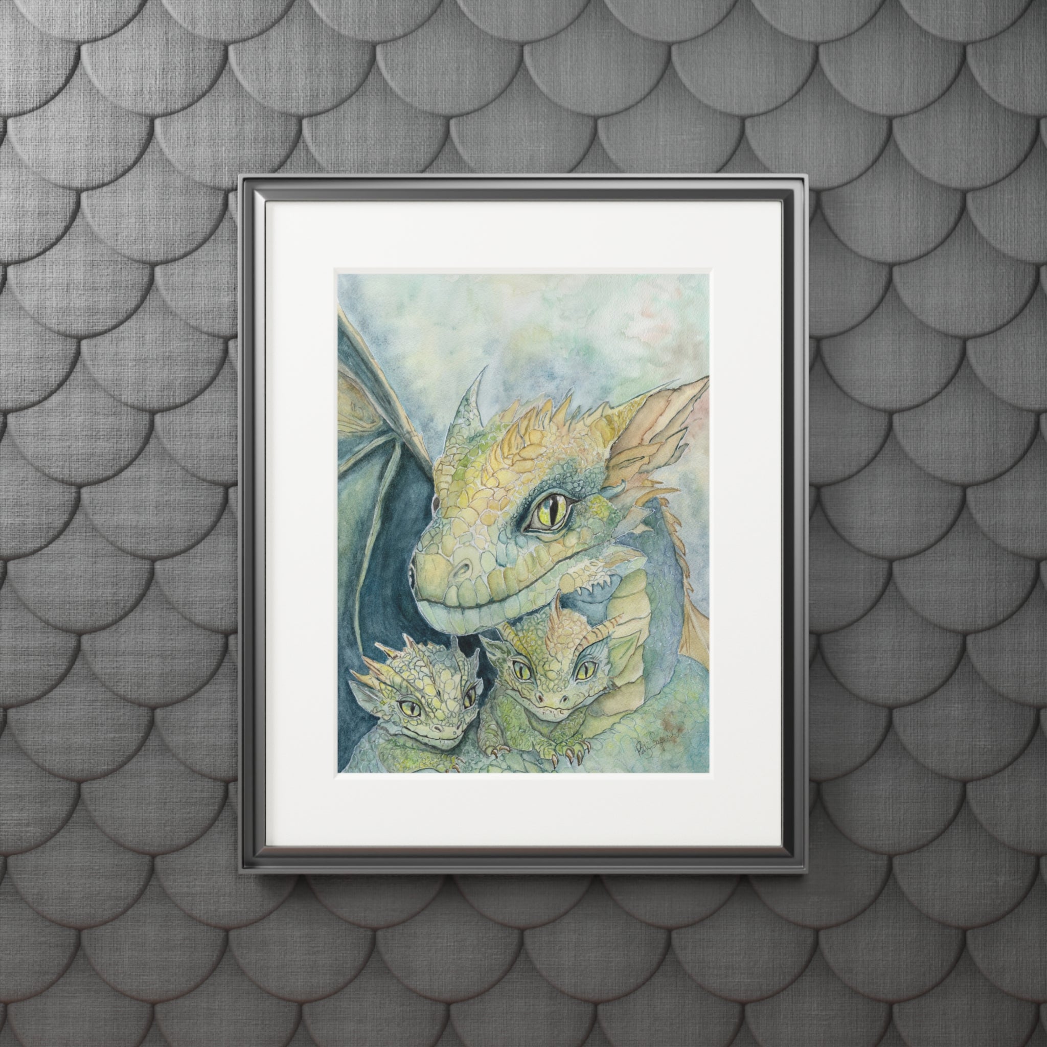 Dragon Family Watercolor Fine Art Print with Passepartout