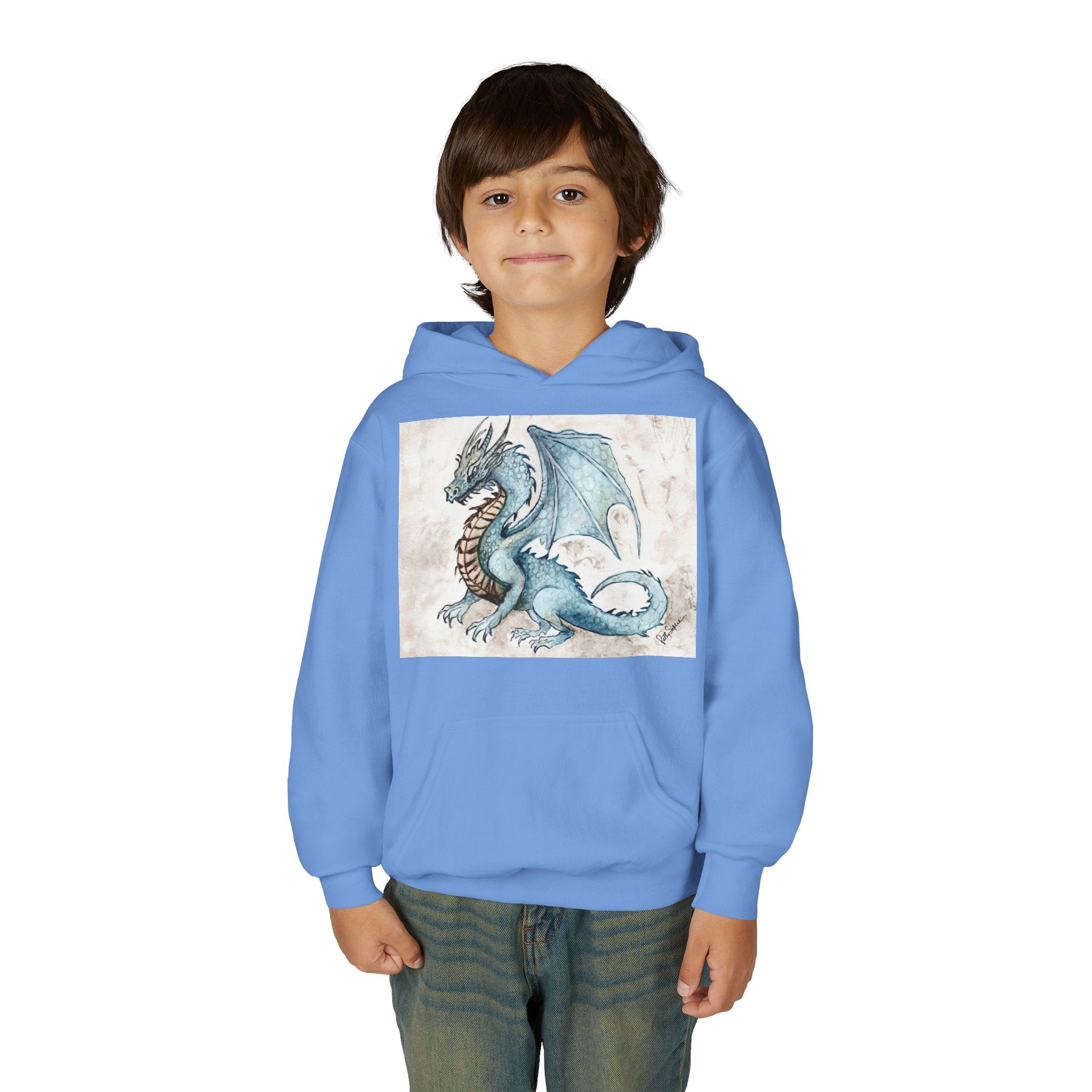 Blue Dragon Youth Hoodie – Watercolor Fantasy Art for Kids