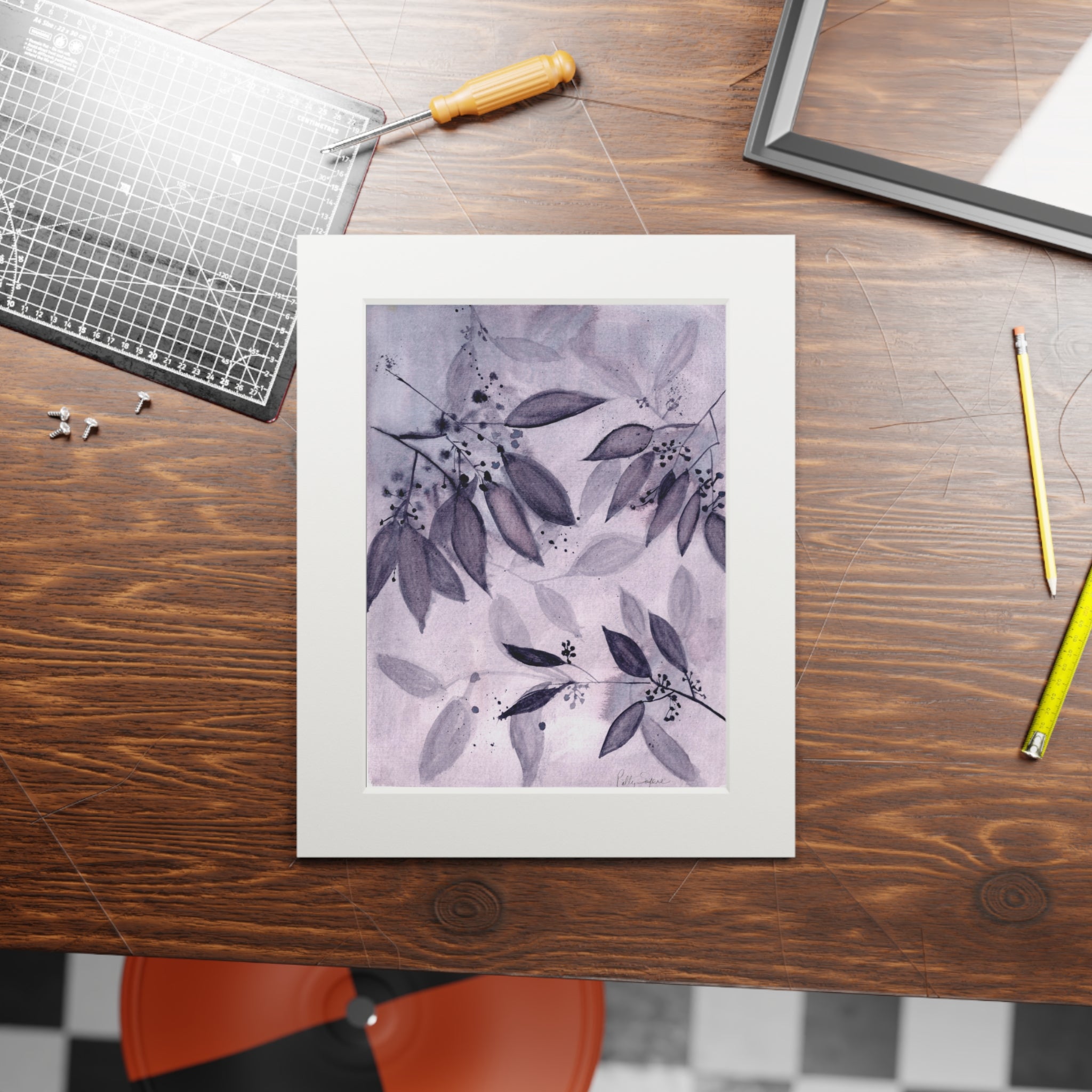 Midnight Leaves Watercolor Print (with mat)
