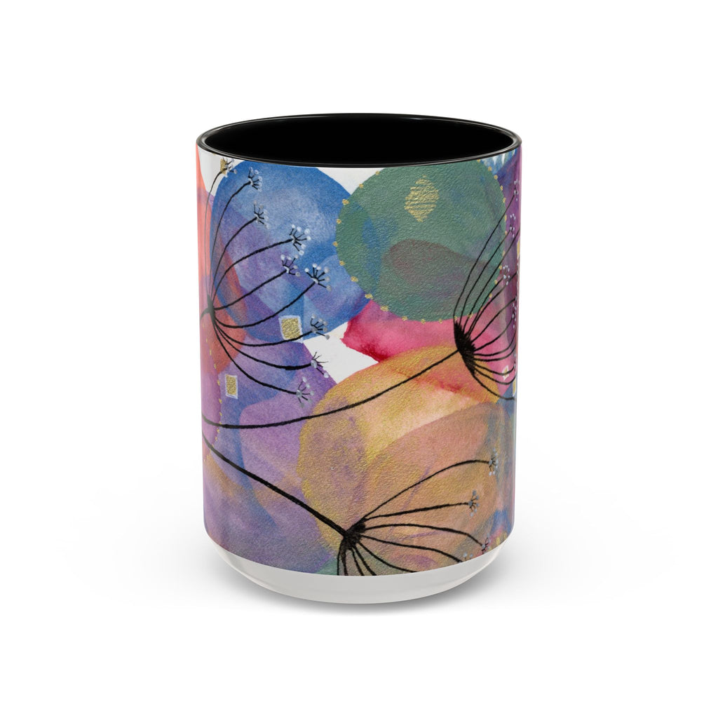 15oz ceramic accent coffee mug with delicate ink dandelion drawings floating over colorful watercolor orbs in blue purple pink and gold