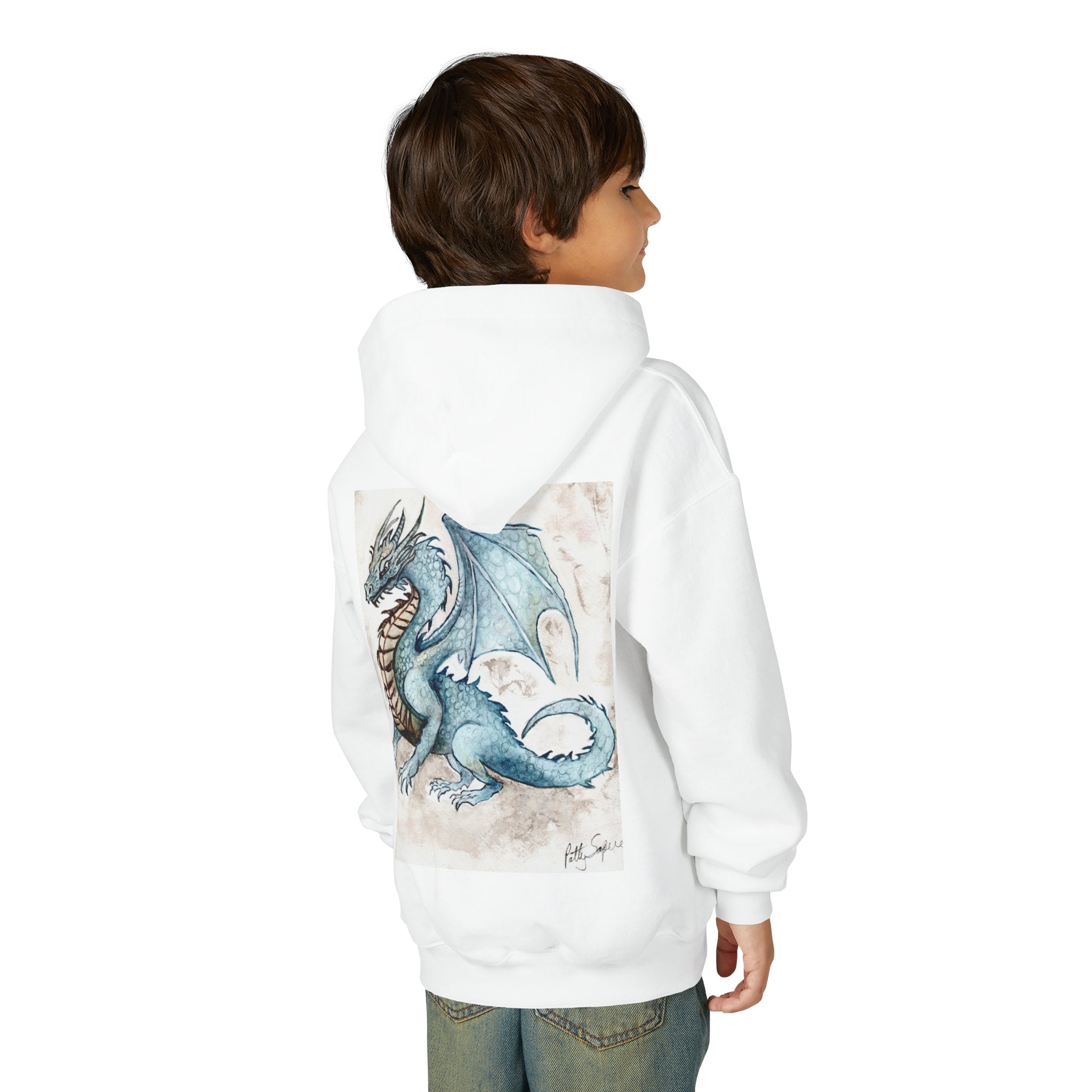 Child wearing a white youth hooded sweatshirt with a watercolor blue dragon with spread wings printed on the back by Patty Sapere