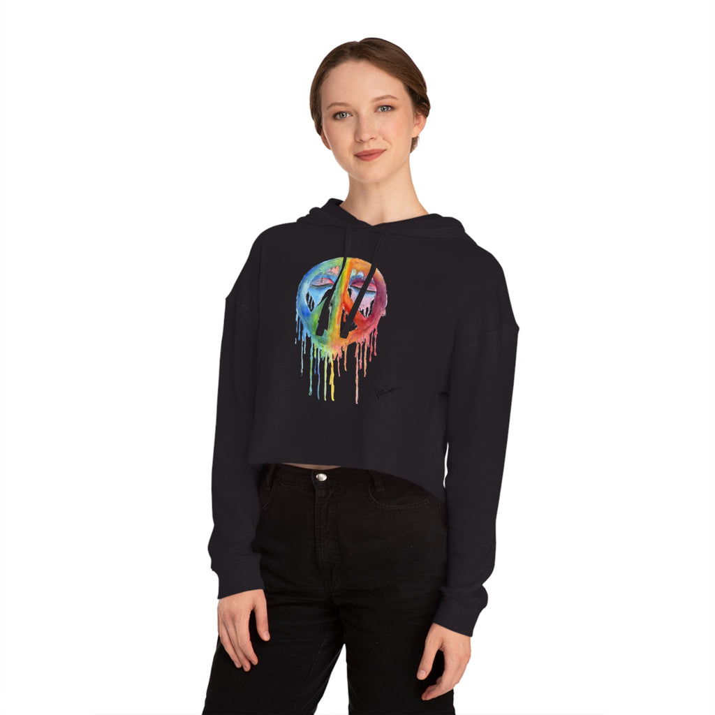 Peace Sign Watercolor Cropped Hoodie — Women's Rainbow Drip Graphic Sweatshirt