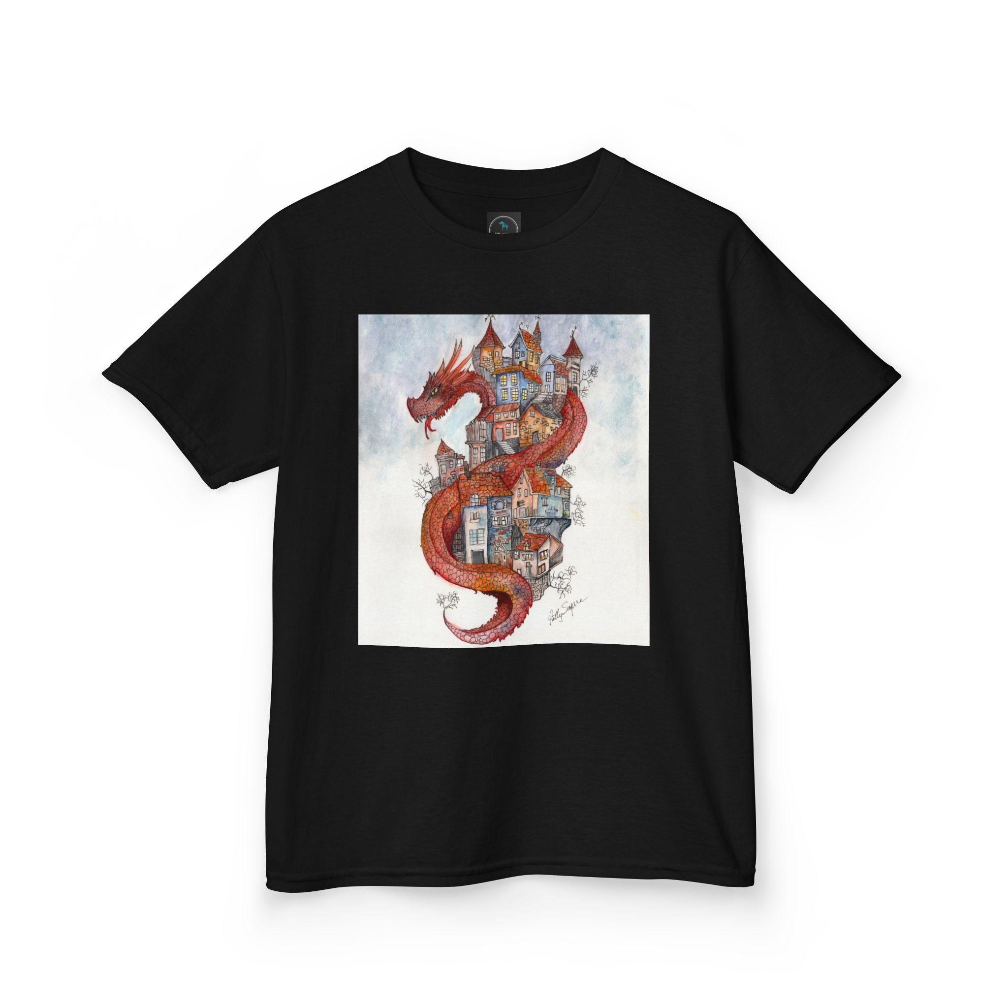 Dragon Over Town Kids T-Shirt – Fantasy Village Tee (White)
