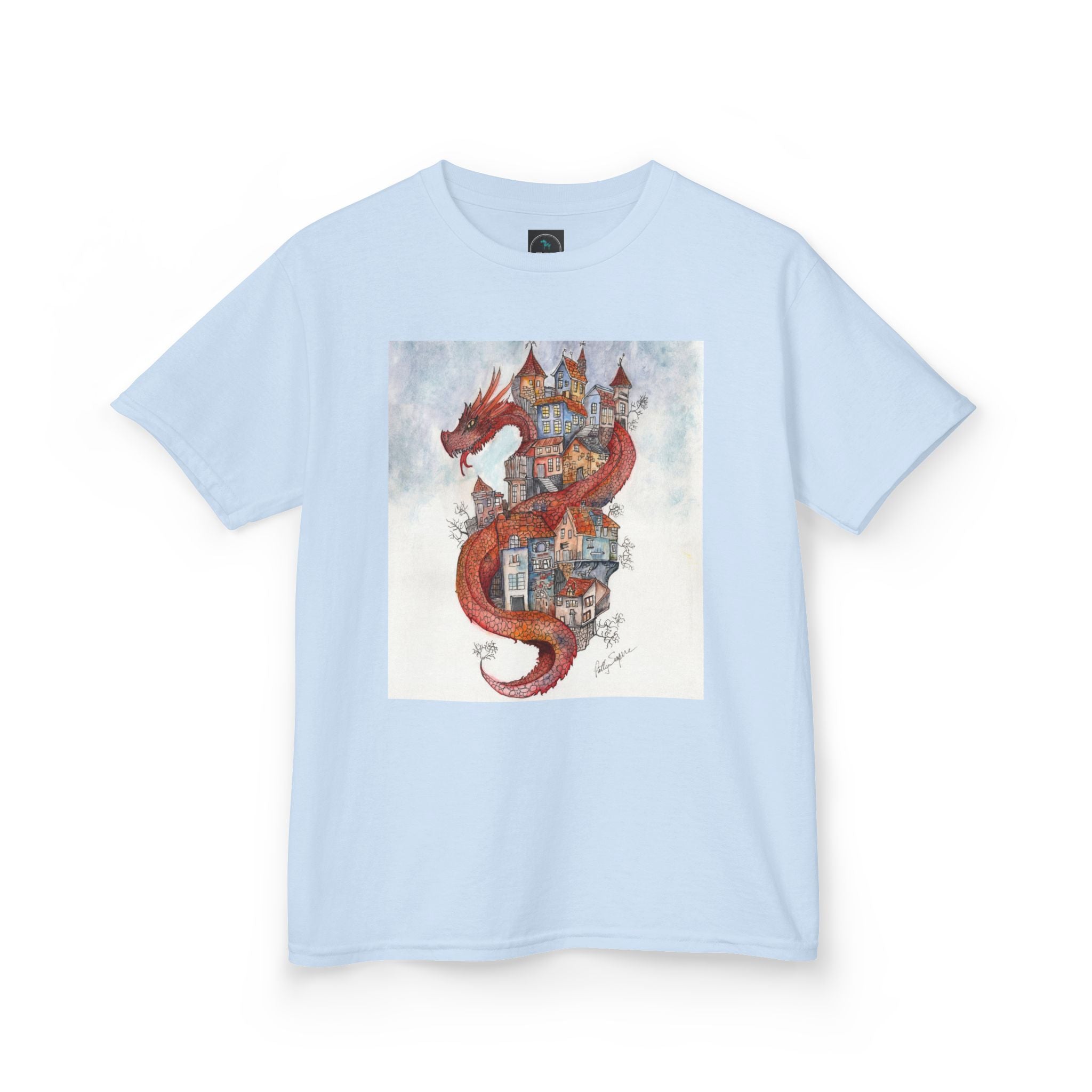 Dragon Over Town Kids T-Shirt – Fantasy Village Tee (White)