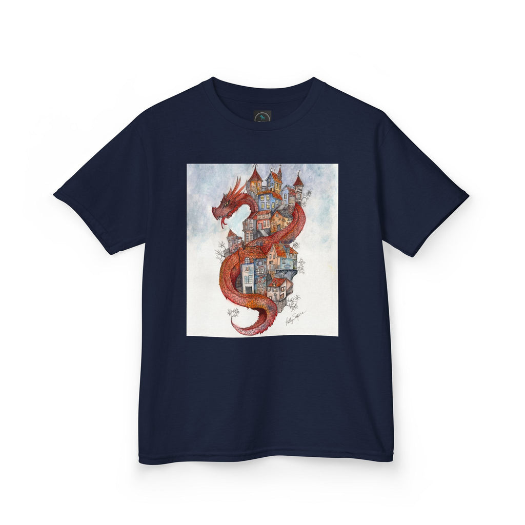 Dragon Over Town Kids T-Shirt – Fantasy Village Tee (White)