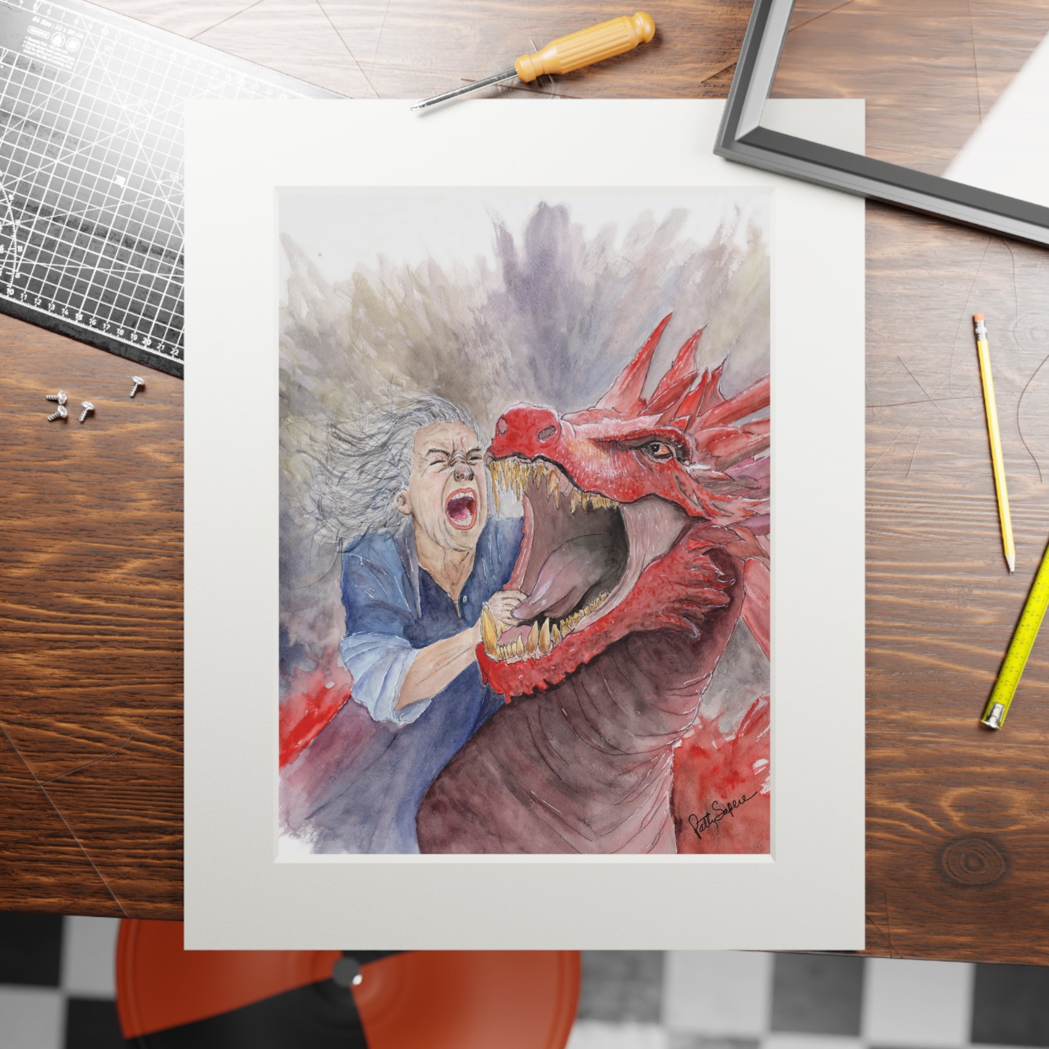 Dramatic Dragon Battle Watercolor Fine Art Print